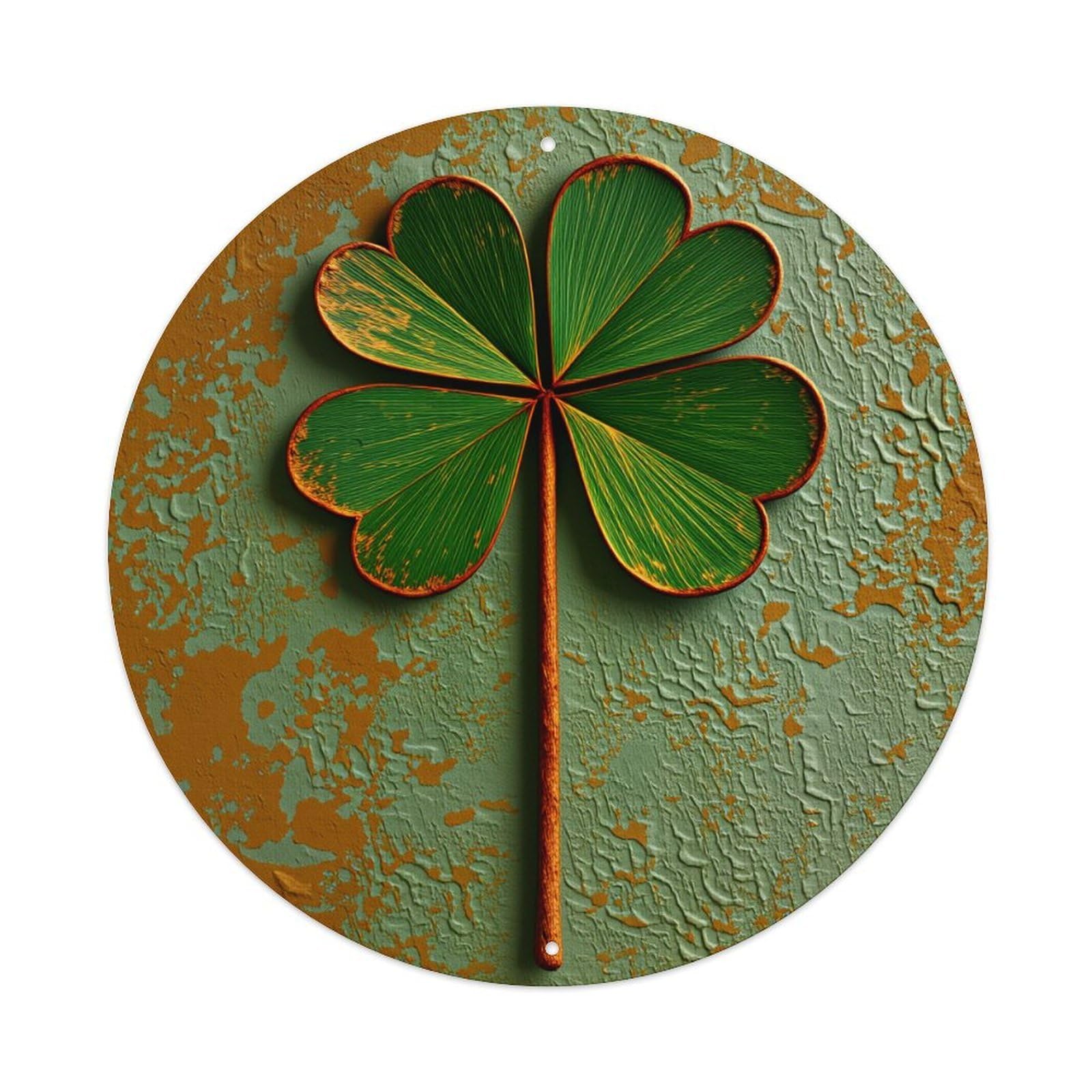 Four Leaf Clover On Rustic Background Pattern Round Vintage Tin Sign,Retro Wall Art,Metal Poster for Home, Bar, Garage, Cafe, Rustic Indoor & Outdoor Decor, 8x8 Inches