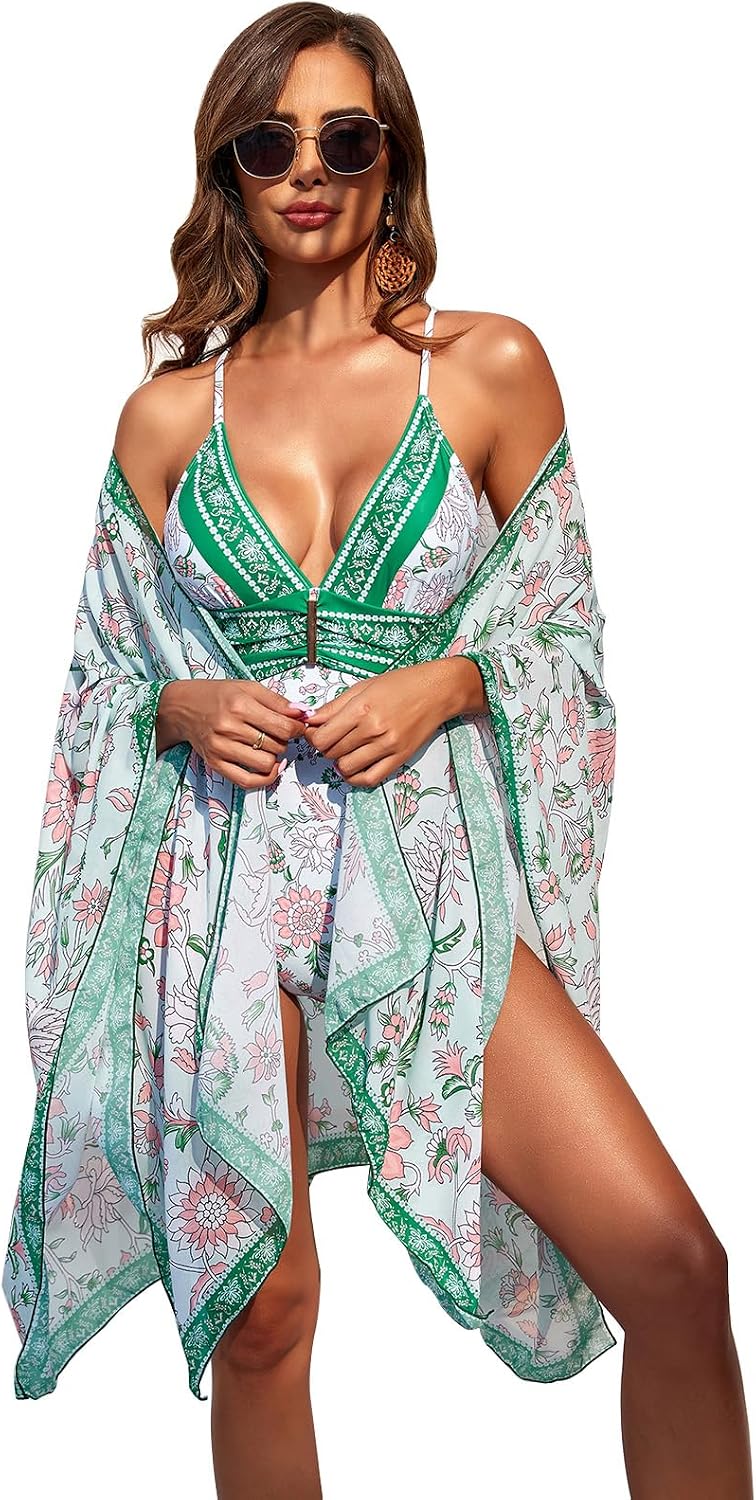 Women's Floral Print One Piece Bikini Swimsuit with Cover-Up Beachwear Outfits