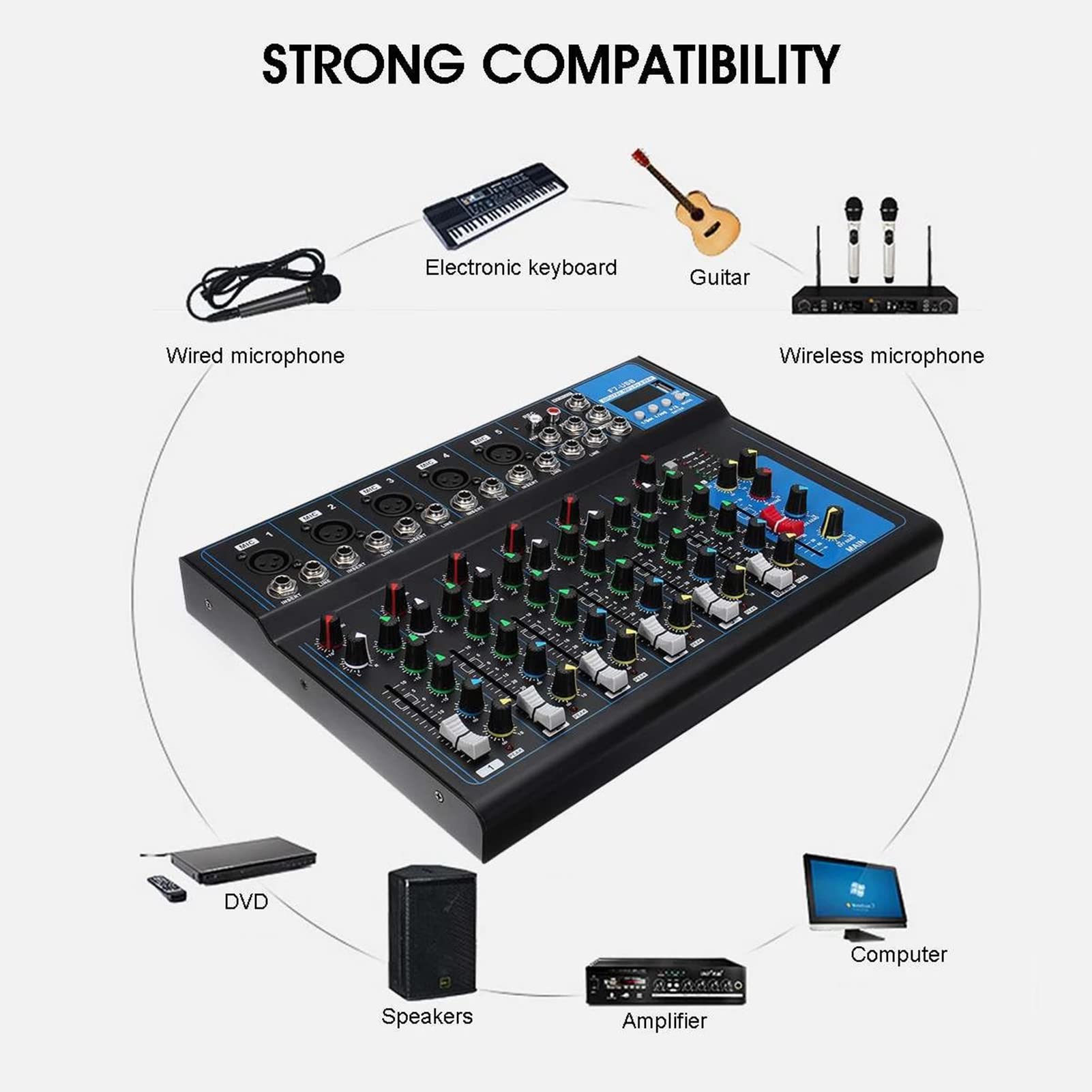 Profesjonalny mikser DJ, cyfrowy wzmacniacz miksera audio 7-kanałowa konsola do miksowania dźwięku stereo Bluetooth USB do nagrywania zespołu domowego na scenie wydajności