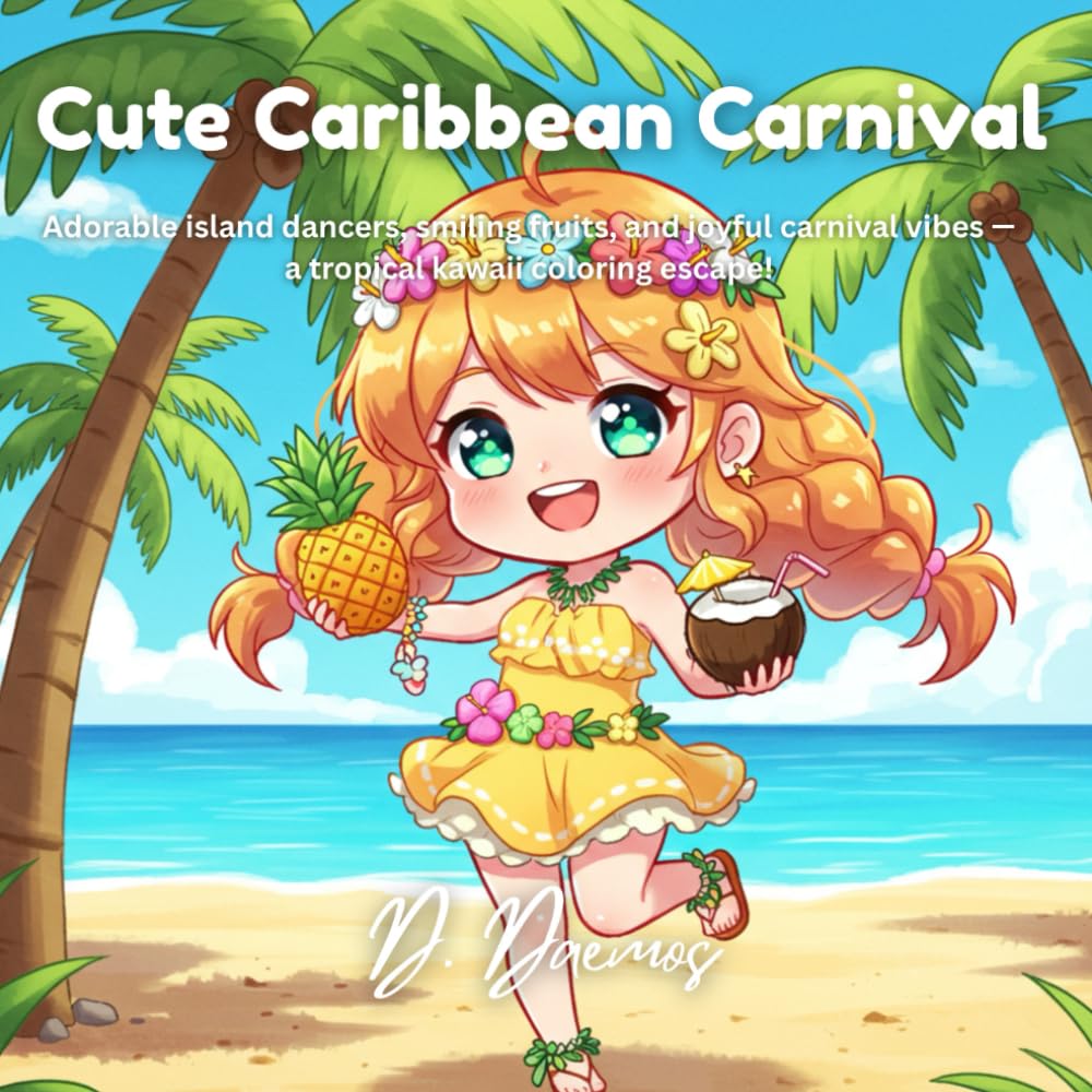 Cute Caribbean Carnival: Adorable island dancers, smiling fruits, and joyful carnival vibes — a tropical kawaii coloring escape!