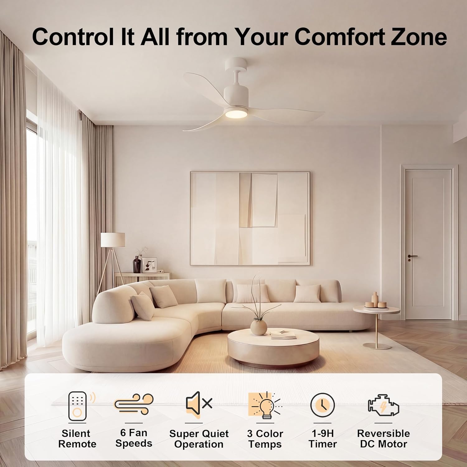 GREENEVER 52" Modern Ceiling Fan with Light Remote Control, Quiet Reversible DC Motor, 3CCT Dimmable Memory LED, Ceiling Fan for Bedroom Living Room Dining, White by GRANDJOY