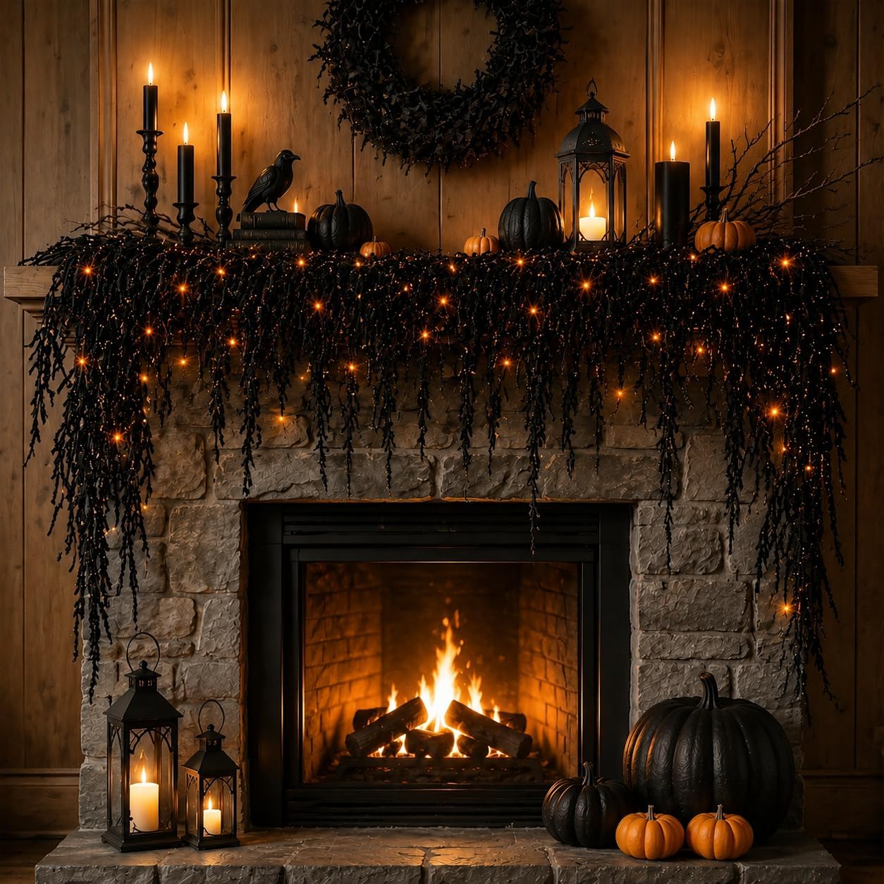 Halloween Fireplace Decor Set, Pre-lit Drippy Garland, Black Vine Garland with Lights, Spooky Season Garland, Gothic Fall Leaves Vine Decor, for Mantel, Door Frame, Window (180cm)