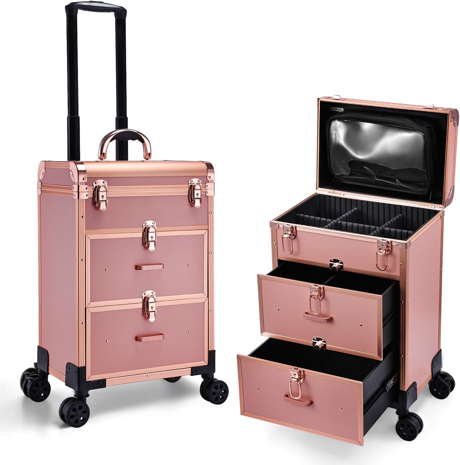 AdazzoProfessional Rolling Makeup Train Case with Drawers, Large Cosmetic Trolley with Locks, Cosmetics Storage Organizer Make up Case for Travel Makeup/Nail Art/Hair Styling, Matte Gold, Rose Gold