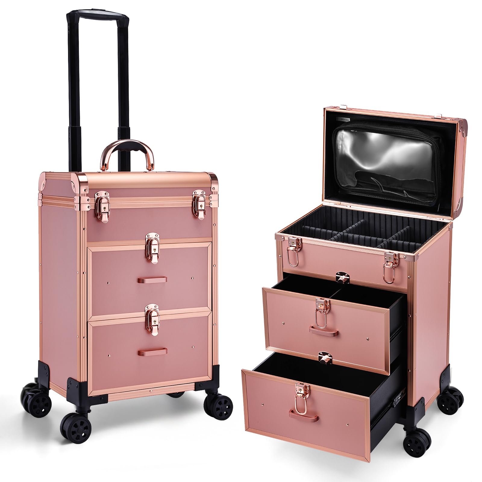 AdazzoProfessional Rolling Makeup Train Case with Drawers, Large Cosmetic Trolley with Locks, Cosmetics Storage Organizer Make up Case for Travel Makeup/Nail Art/Hair Styling, Matte Gold, Rose Gold