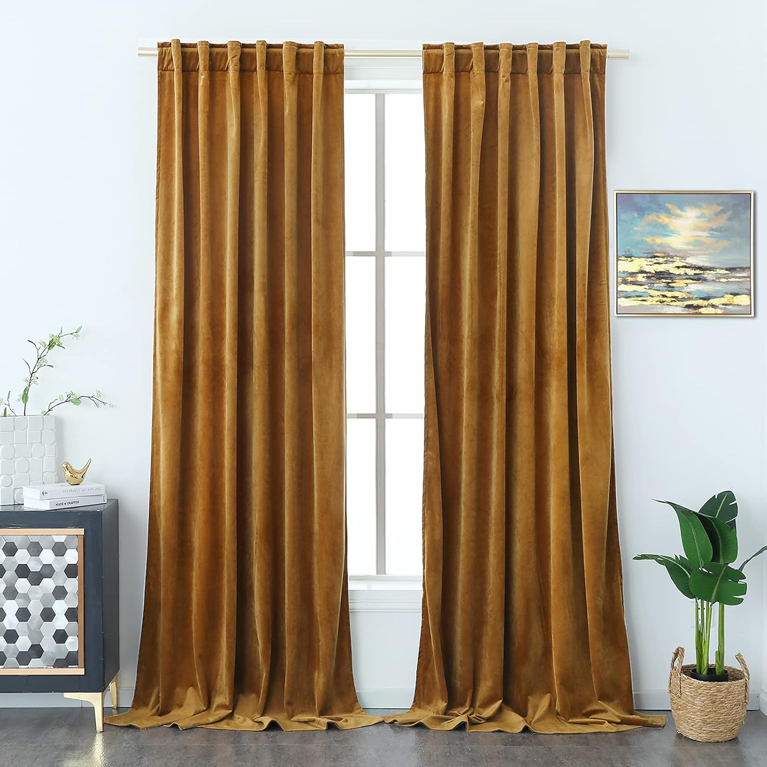 Timeper Gold Velvet Curtains 96 Inches - Super Soft Velvet Drapes Heat & Sunlight Blocking Curtain Panels with Rod Pocket Back Tab for Holiday Fete/Party/Peformance, Gold Brown, 52Wx 96L, 2 Panels W52 x L96 Back Tab Gold Brown