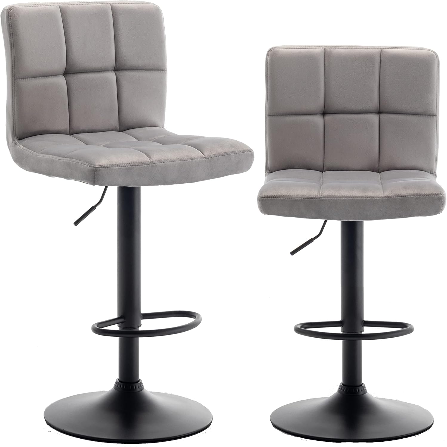 BTEXPERT Set of 2, Counter Height Barstools High Back Adjustable Modern Bar Chairs Metal upholstered Swivel Grey Velvet Dining Barstool Chair Two Pcs, Tall Kitchen Island Stool