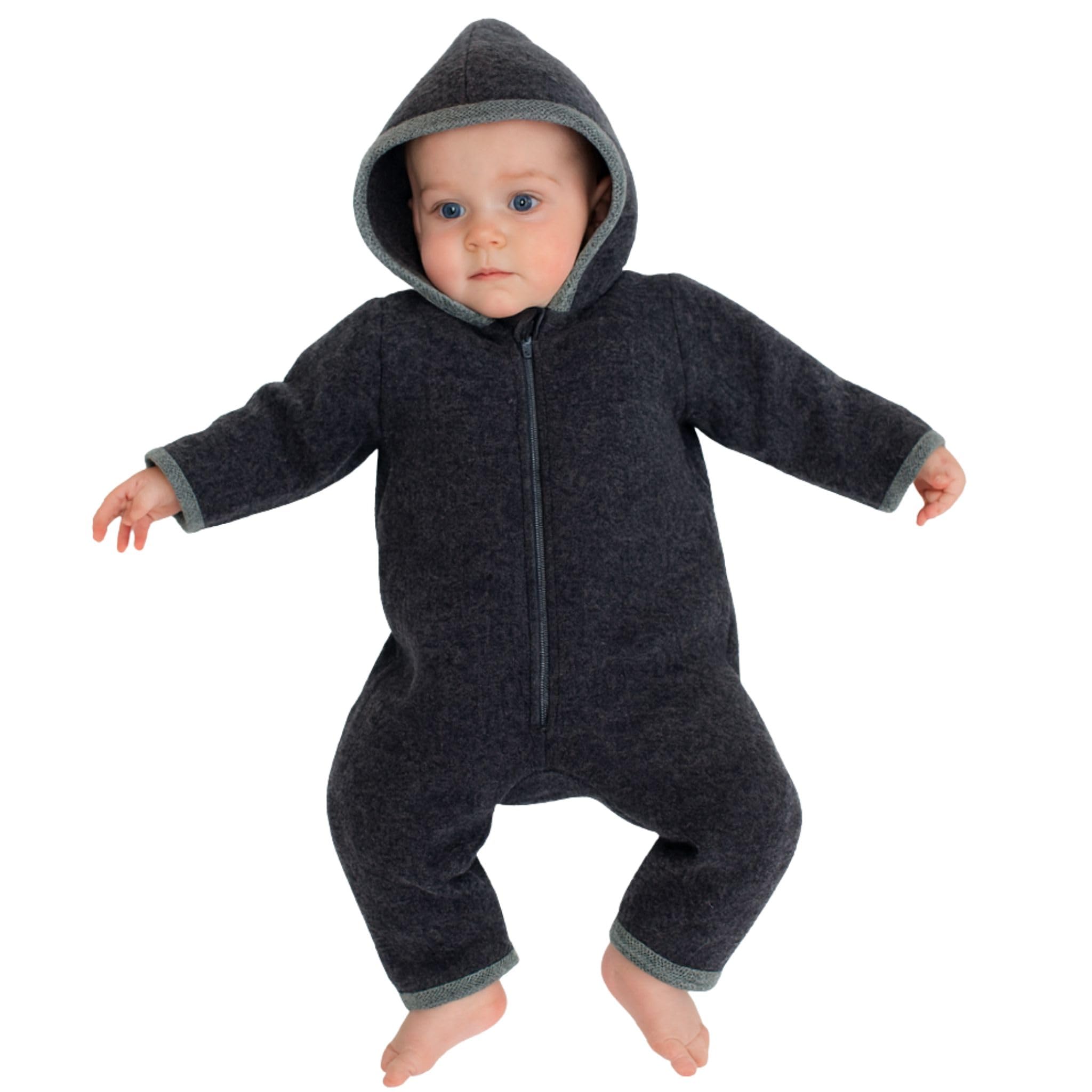 Lilakind“ Baby Wollfleece Overall Wolle Einteiler mit Kapuze Walkloden Walkoverall Kuschelweich Dunkelgrau Gr. 62/68 - Made in Germany