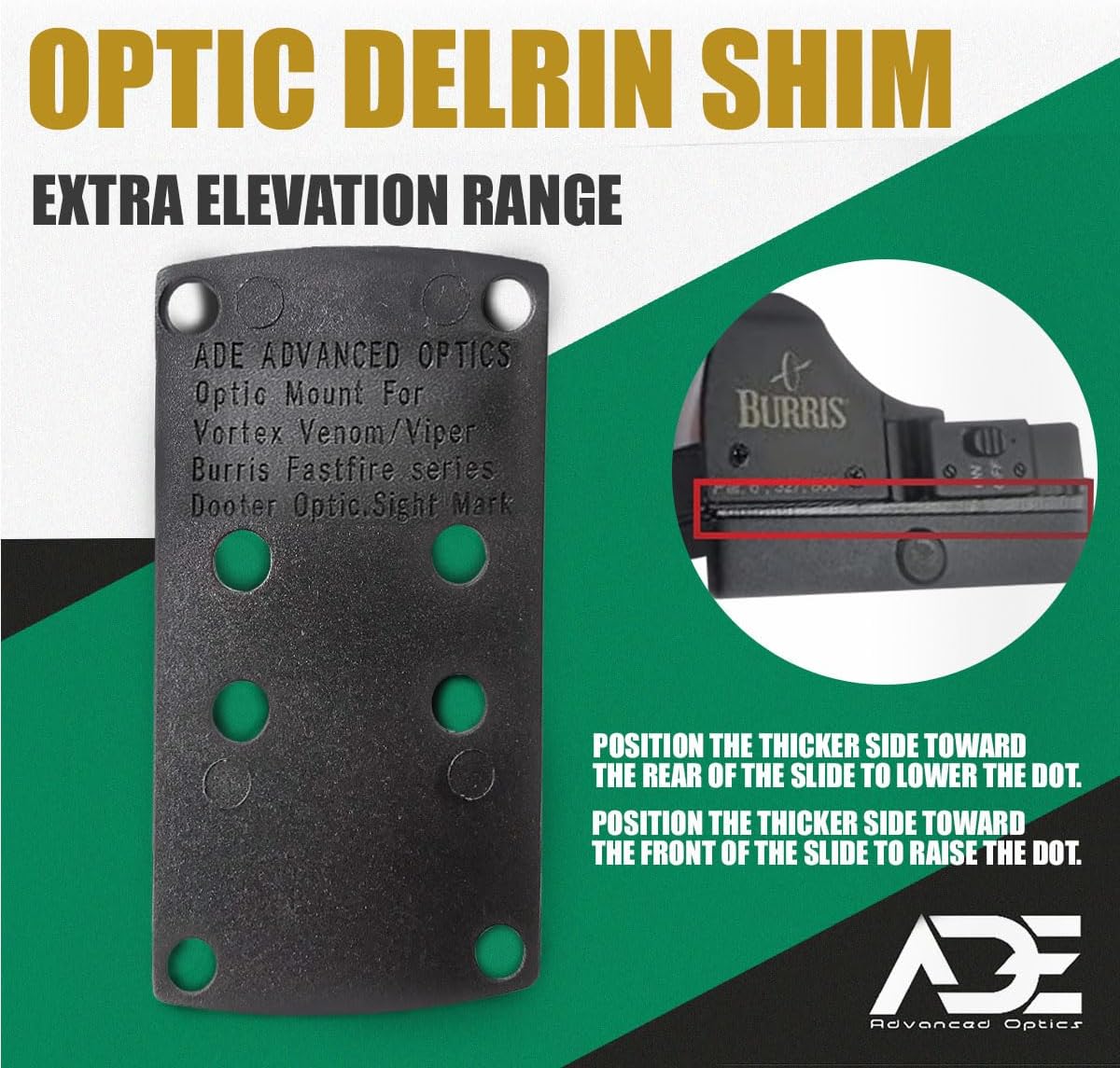 ADE Optics Delrin Sim offers additional elevation ranges for Vortex Venom/Viper, Blissfast Fire, Hex Dragonfly, Sightmark Mini Shot M-Spec/Pro specifications, Leica Tempas, and Noblex Sight Red Dot