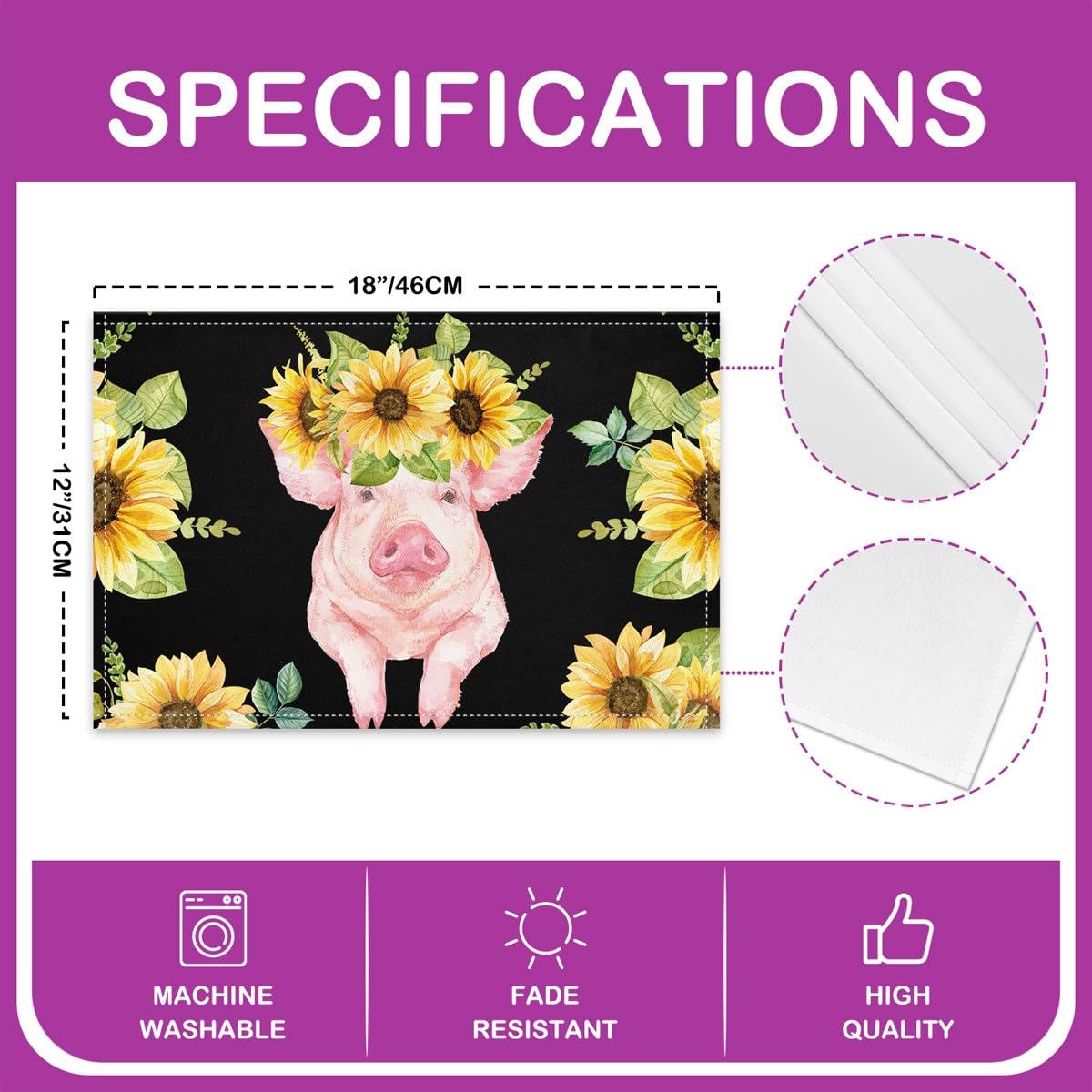 Pig Placemats Set of 4 45X30cm Kids Farmhouse Sunflower Placemats for Dining Table Indoor Outdoor Kitchen for Girls Boys Cute Farm Animal Floral Table Mats Placemat Pink Pig Kitchen Dining Table - Image 4