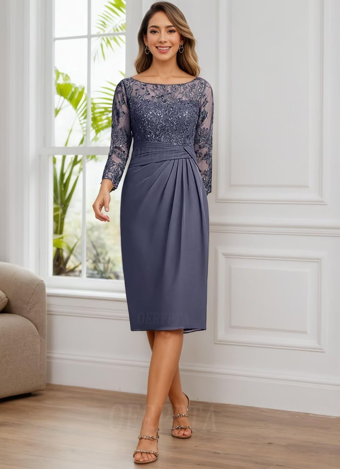 2 Pieces Mother of The Bride Dresses for Wedding Lace Applique Chiffon Knee Length Formal Dresses for Women with Jacket - Image 2