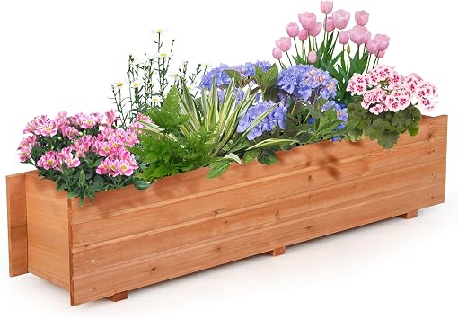 Raised Garden Bed, 44 x 11 x 10 Wooden Flower Bed with 2 Drainage Holes & Removable Bottom, Long Narrow Decorative Garden Bed, Planter Box Outdoor for Vegetables Flowers Fruits Herbs