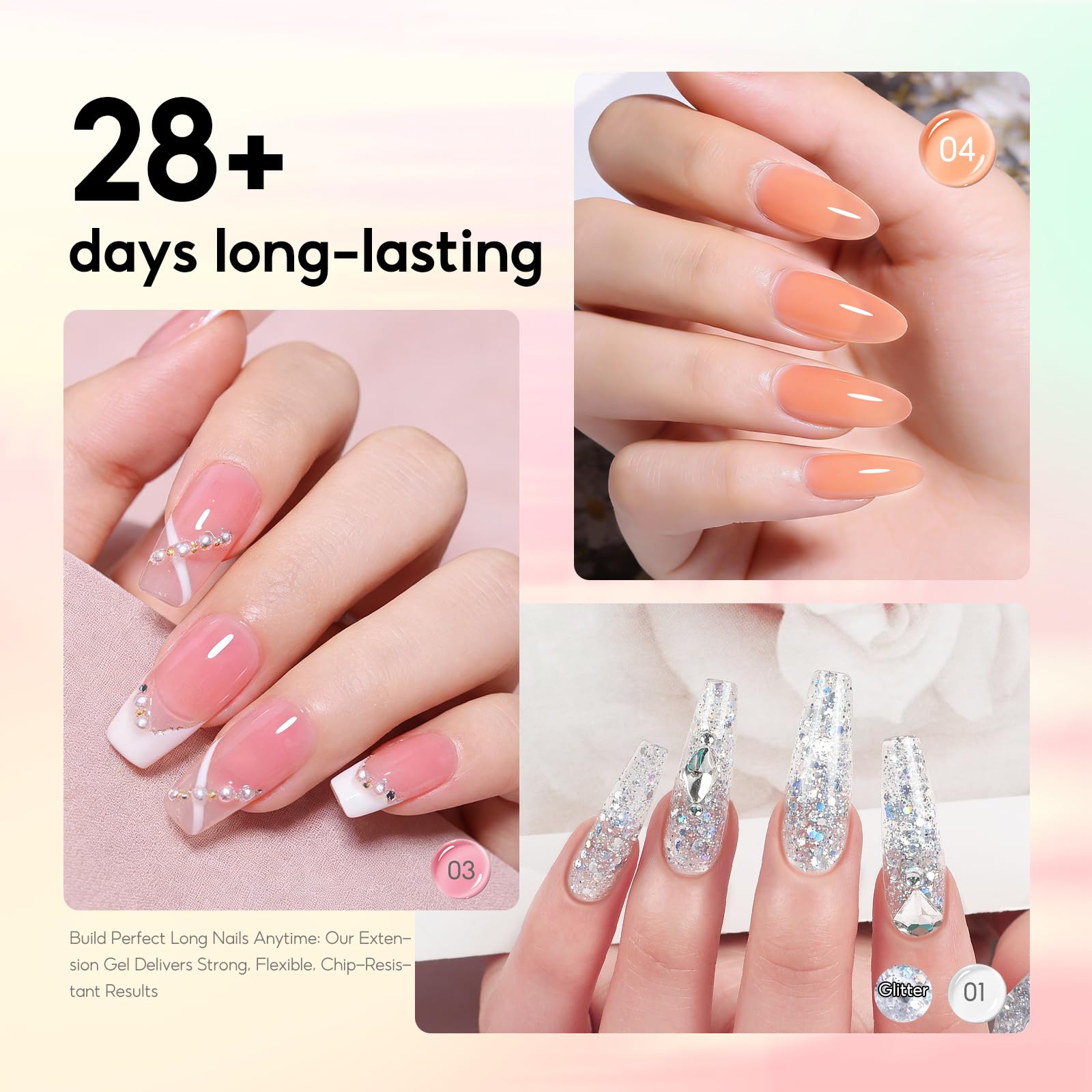COSCELIA Poly Nail Ongle Gel Kit UV Complet, 4 Couleurs Poly Extension Gel Art Set avec Lampe, Base & Top Coat et Faux Ongles 10ml Slip Solution, DIY Nail Art Ongles Gels Kit pour Débutant