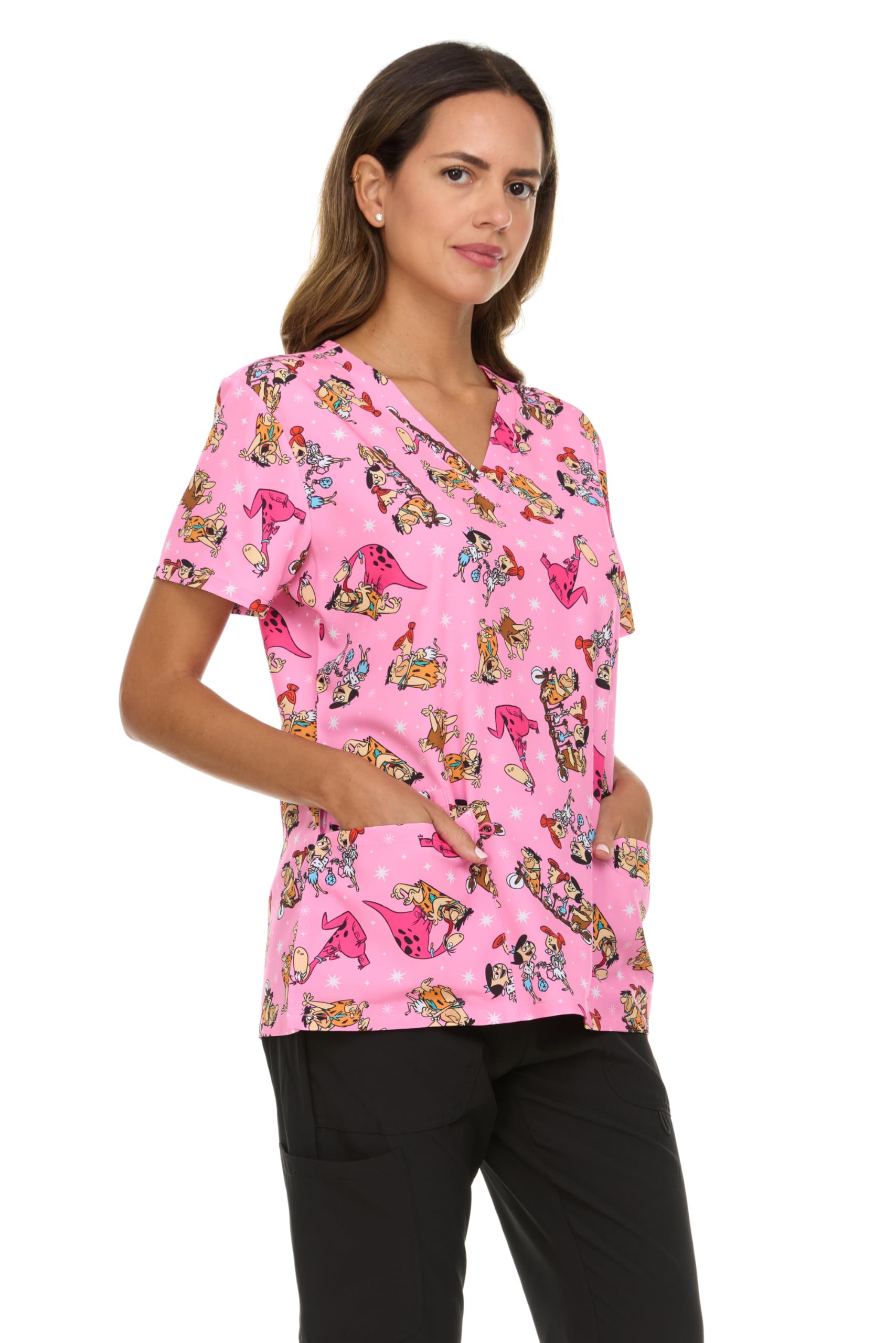 COCO BRANDS The Flintstones Women's All Over Print V-Neck Scrub Top with Pockets - Comfortable Work Uniform, Pink/Stars Retro Ladies, Large