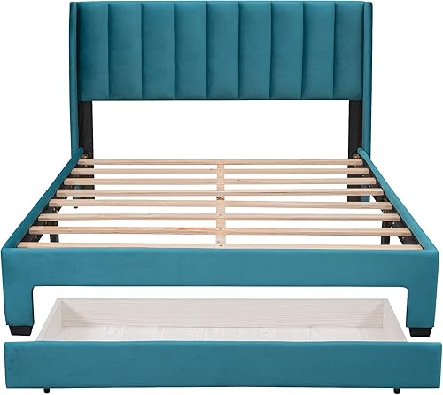 Miniatura 12 de Cama de plataforma de tamaño Queen con cajones para dormitorio, marco de cama tapizado de terciopelo para niños, niñas, adolescentes y adultos, no