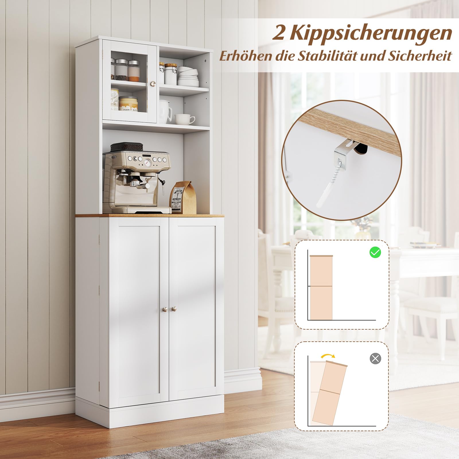 COSTWAY Küchenschrank 170 cm, Buffetschrank hoch, Vorratsschrank mit 2 Glastüren, 8 Türregalen, Arbeitsplatte & verstellbare Regalen, Hochschrank Mehrzweckschrank, für Küche Wohnzimmer Esszimmer, Weiß