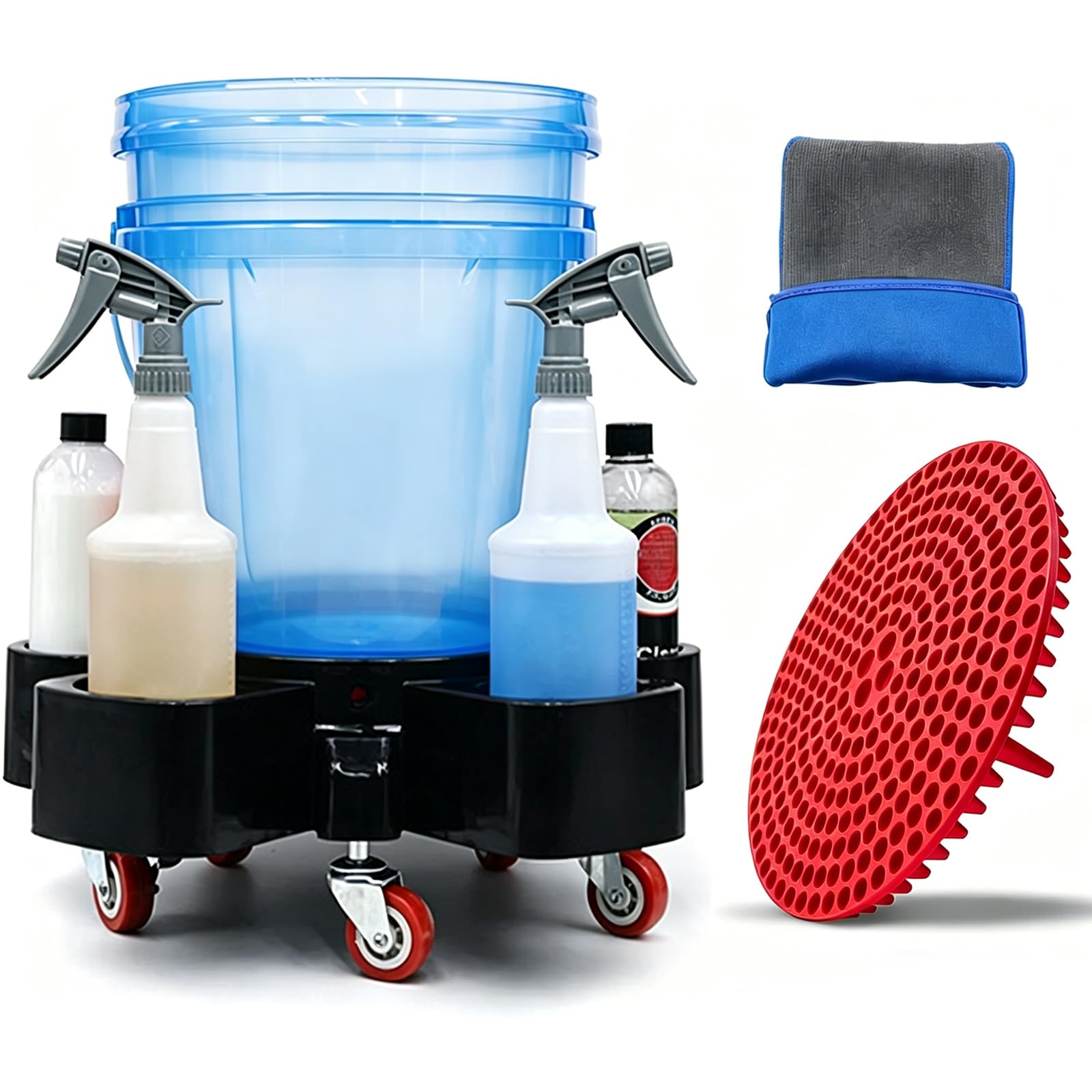 Bucket Dolly Eimerwagen für Auto Handwäsche + Schmutzsieb + Waschhandschuh, 360° Schwenkrollen mit Bremse, Rollwagen Autowäsche Zubehör Autowaschset für Motorradwäsche Autodetailing, Rot