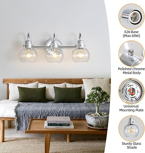 Miniatura 2 de Lámparas de baño de cromo pulido, 3 luces, apliques de pared con globo transparente, lámpara de montaje en pared para espejo, cocina, porche, sala