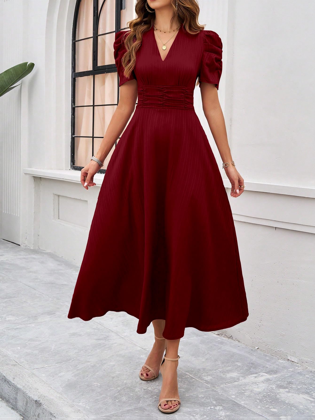 Shasmi Robe longue trapèze unie à col en V pour femme - Robe de soirée - Robe de fête du Nouvel An - Manches bouffantes - Taille ajustée - Style occidental élégant et décontracté (robe