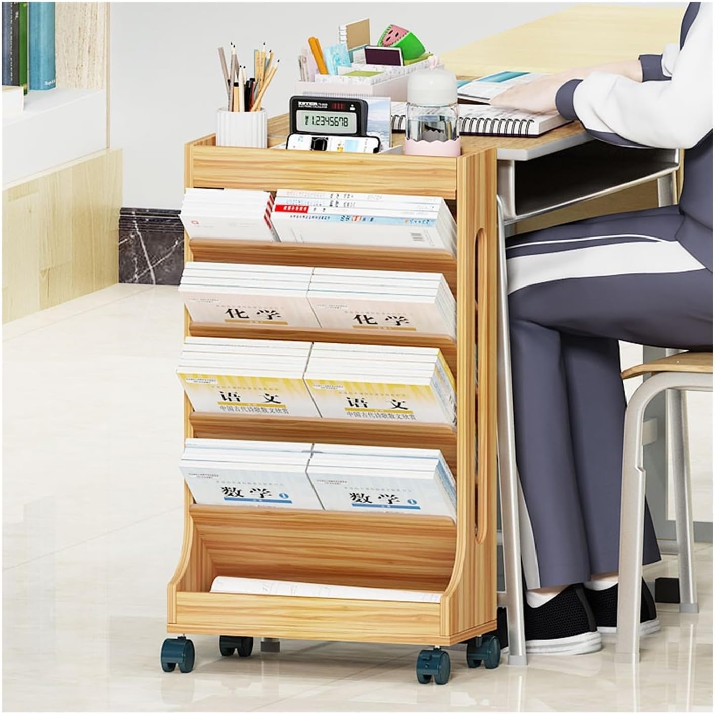 MObyat Narrow Wooden Bookshelf for Bedroom, Rolling Bookshelves Ladder Shelf/Display