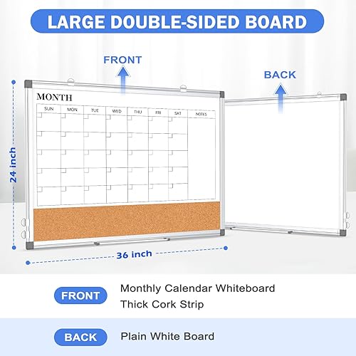 Miniatura 2 de Calendario mensual de pizarra blanca de borrado en seco para pared, 36 x 24 pulgadas, calendario magnético de doble cara, pizarra blanca y tablero