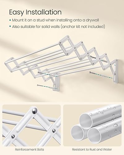 Miniatura 6 de SONGMICS ULLR806W01 - Tendedero para ropa montado en la pared, estante de lavandería de acordeón, 9 varillas escalonadas para colgar, expandible y
