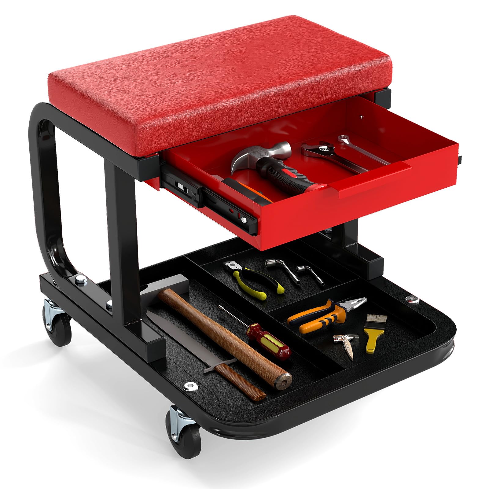GYMAX Rollender Werkstatthocker, mobiler Rollhocker mit ausziehbarer Schublade, Werkzeugablage & gepolsterter Sitz, Tragfähigkeit von 185 kg, Werkzeugwagen für Garage, Gartenarbei (Rot)