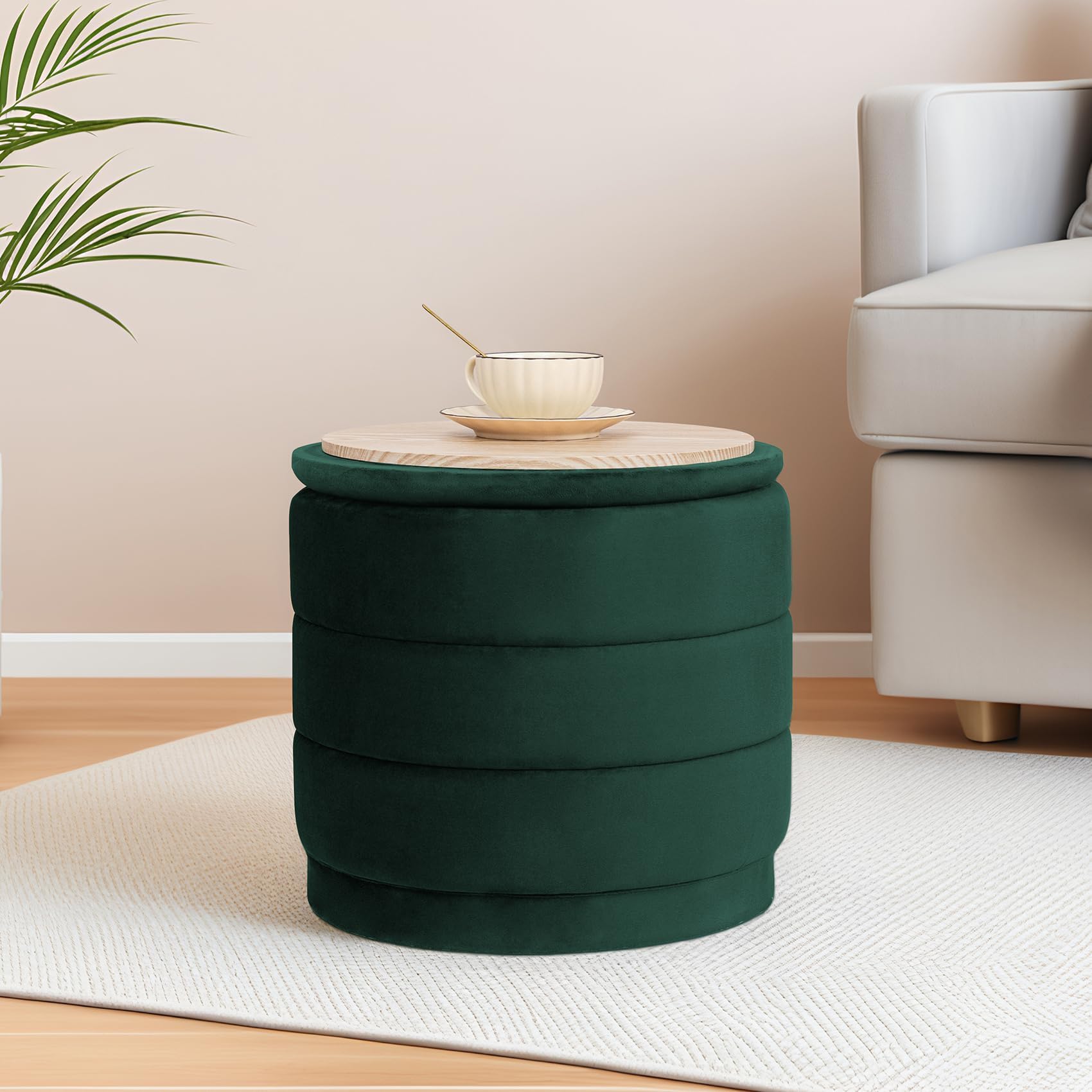 15 inch round velvet storage ottoman, upholstered foldable foot rest stool with tray, small coffee table for bedroom living room