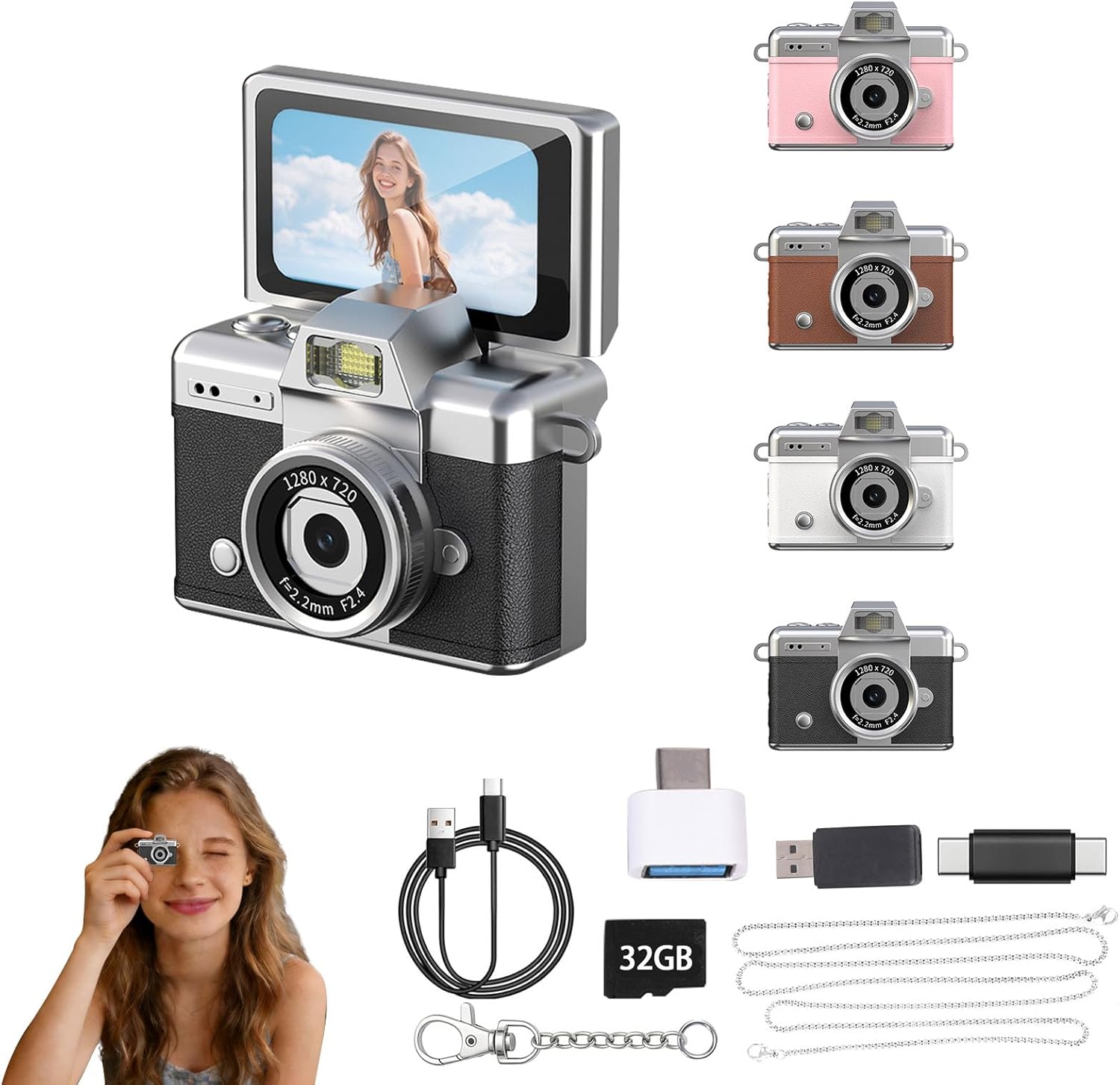 Mini Keychain Camera,1080P Mini Digital Camera,Retro Flip Screen Small Bodycam,Pocket-Sized with Adapter and 32GB Card (Expandable to 128GB),Novelty Gadgets,for Kid,Travel,Vlog,Collection