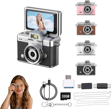 Mini Keychain Camera,1080P Mini Digital Camera,Retro Flip Screen Small Bodycam,Pocket-Sized with Adapter and 32GB Card Expandable to 128GB,Novelty Gadgets,for Kid,Travel,Vlog,Collection
