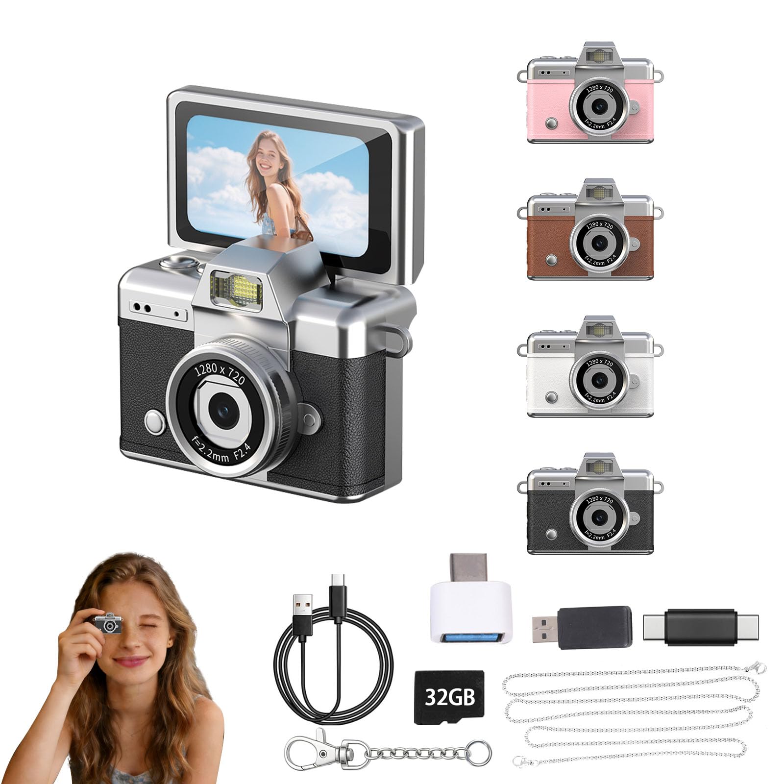 Mini Instant Camera,Keychain Digital Camera 1080p Video,32gb Expandable Memory with Adapter USB Charging