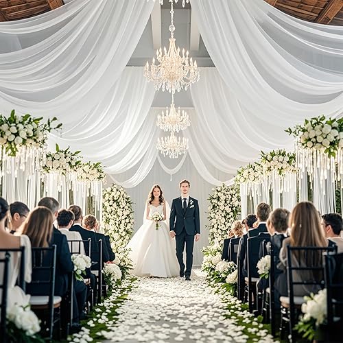 Miniatura 8 de Cortinas blancas de techo para fiestas, 4 paneles, 5 x 15 pies, cortinas de boda para techo, tela transparente, tela drapeada, cortina de gasa para