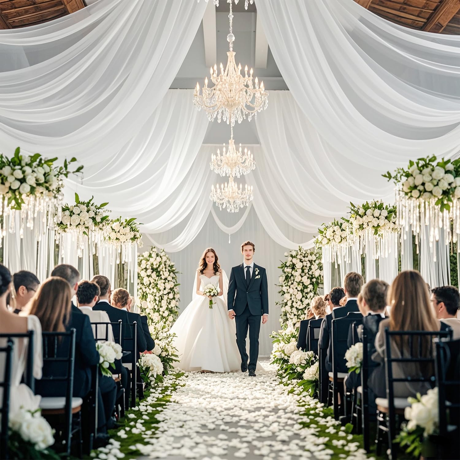 Weiße Deckenvorhänge für Hochzeiten, 6 Paneele, 1,5 x 3 m, durchscheinender Stoff, Hochzeitsdeckenvorhänge, Chiffon-Hintergrund, Vorhänge, Vorhänge für Partys, Hochzeitsempfang, Zeremonie