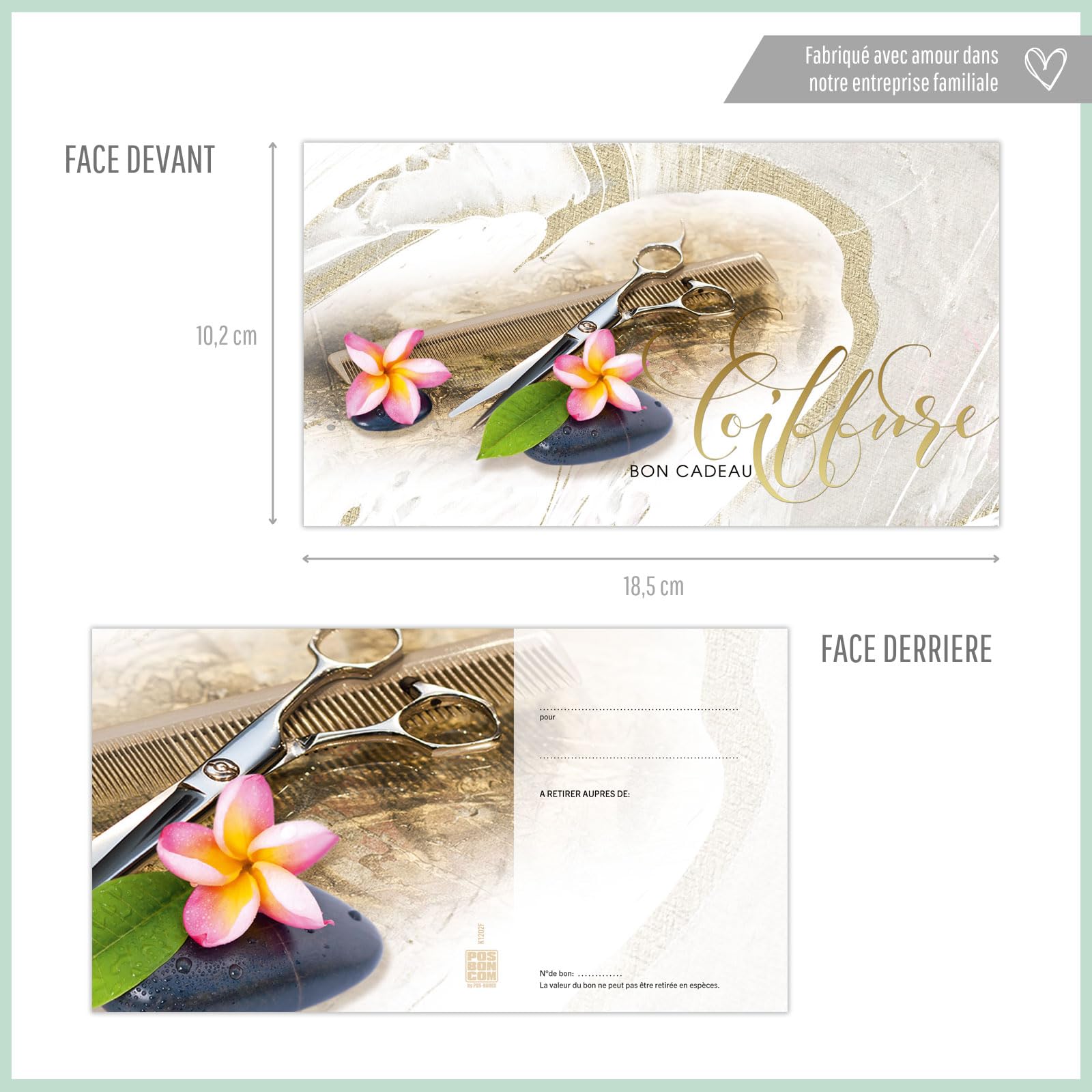 POS BON - 100 bons cadeaux à remplir avec enveloppe/nœud ruban - formulaires imprimés pour des salons de coiffure K1202F2-100-V1
