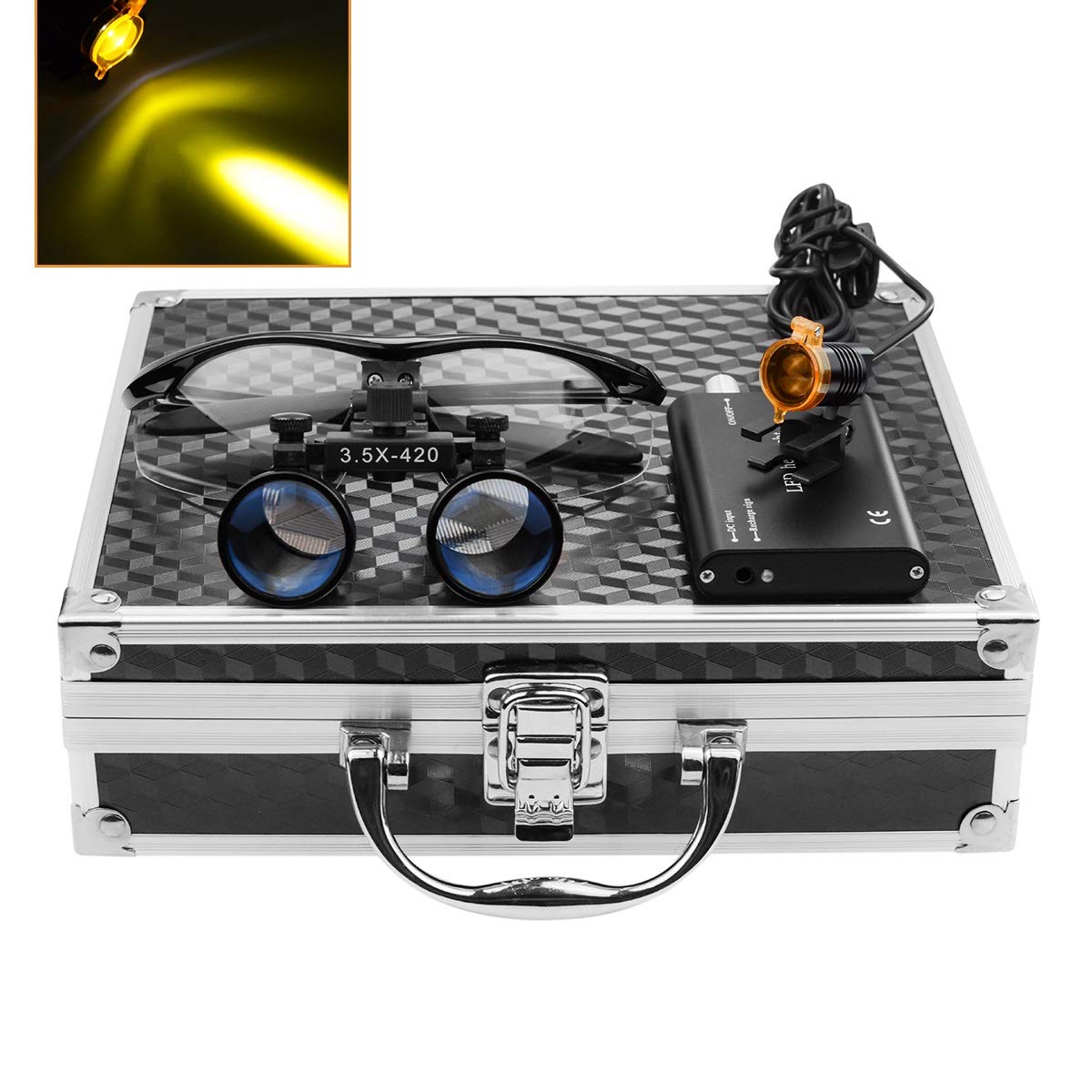 BONEW 3W LED Scheinwerfer Lampe mit Filter + 3.5x 420mm Arbeitsabstand Chirurgische Binokularlupen Optisches Glas + Aluminiumbox Schwarz