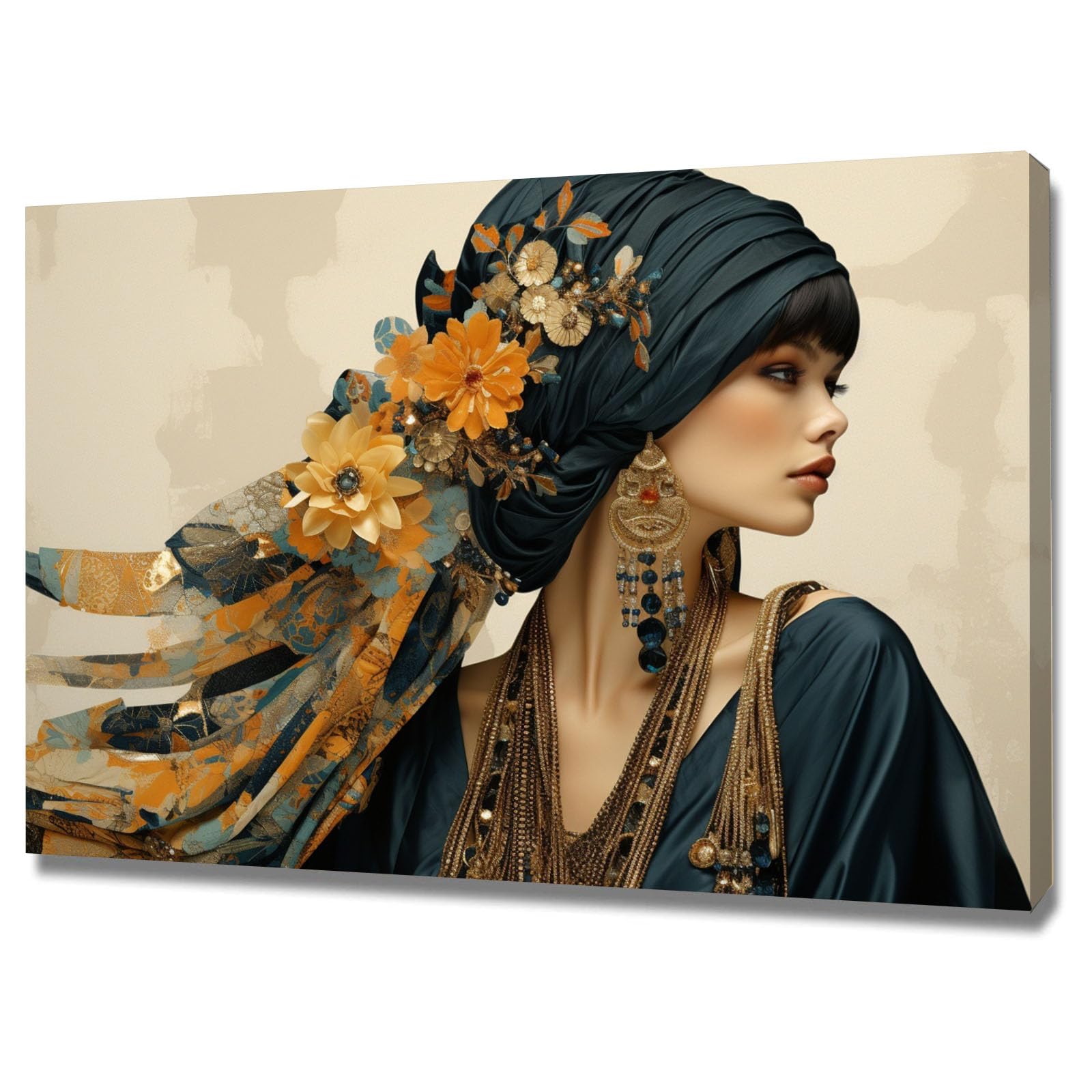 TERUEA Glamorous Art Deco Inspired Woman With Floral Turban And Golden Flower Jewelry Women Wall Art Canvas Artwork Canvas Art Home Decor Home Wall Decor(Gold)-70x100cm Framed