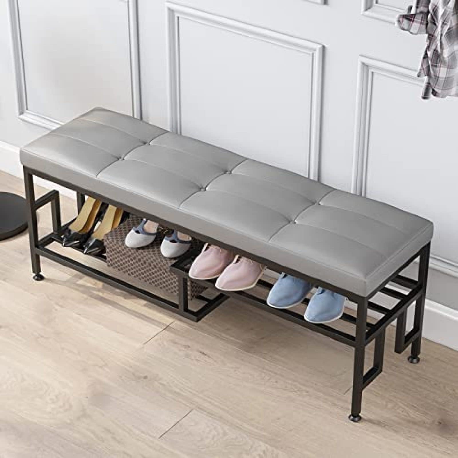 Banc de rangement à chaussures moderne en cuir marron et métal haut de gamme