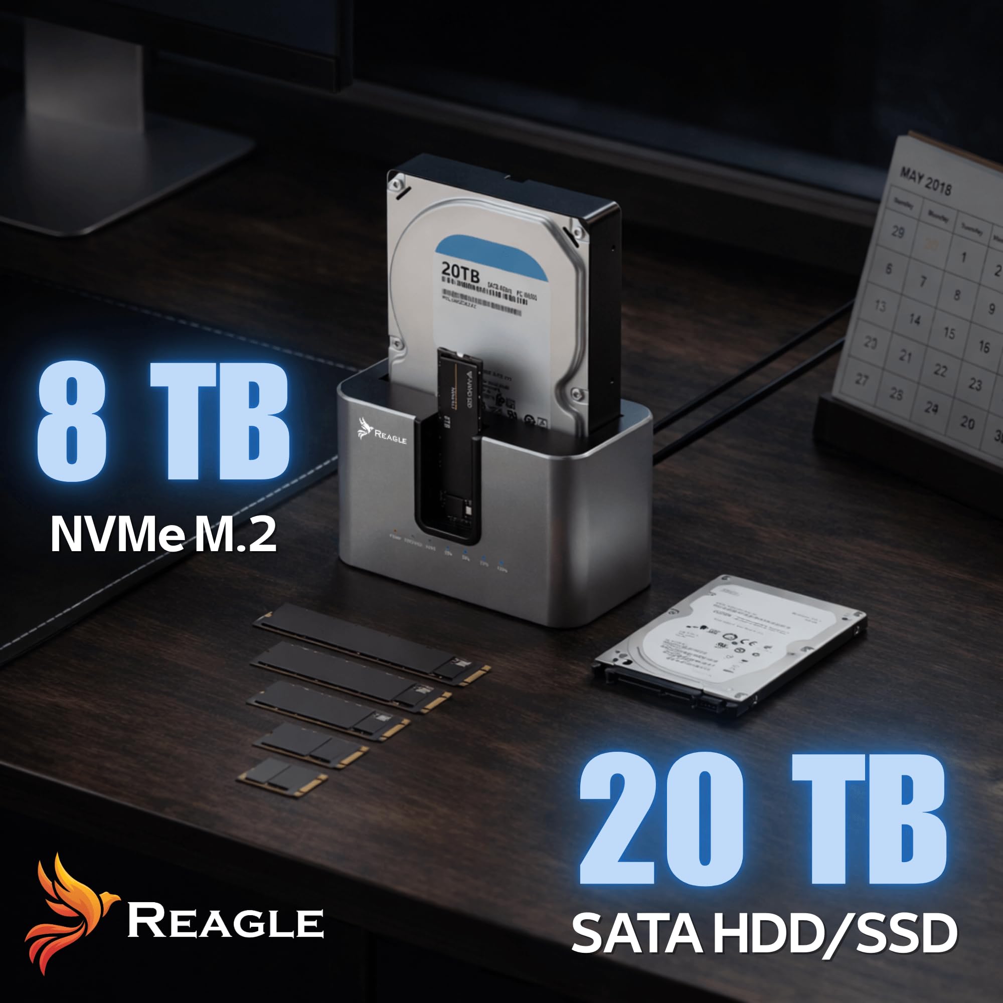 Reagle Stacja Dokująca Dysku SSD HDD SATA 2.5 3.5 NVMe M.2 USB C, USB 3.2 Gen2 10 Gb/s, 28TB, Adapter Klonowanie Offline Dual Szybki Transfer Kompatybilna z PC Laptop Mac Linux