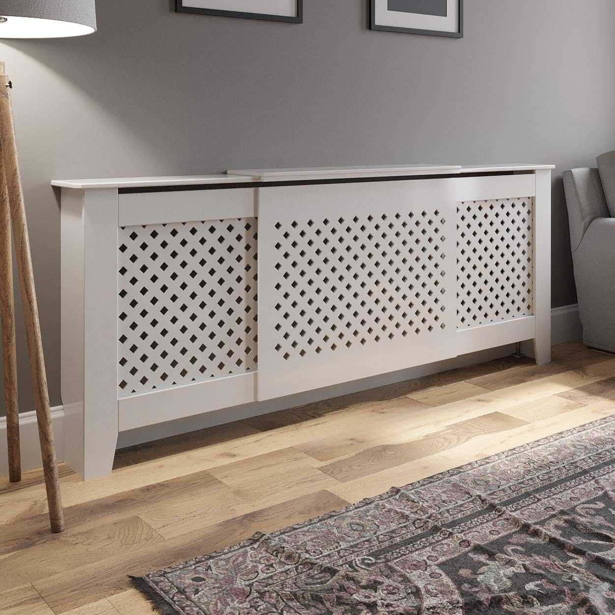 Radiator Cover Wall Adjustable MDF Wood White Diamond Style