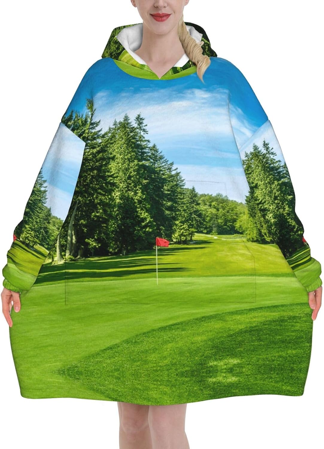 MUSM Golf Course Lawn Print Blanket Hoodie Fleece Sweatshirt Blanket With Sleeves And Pockets
