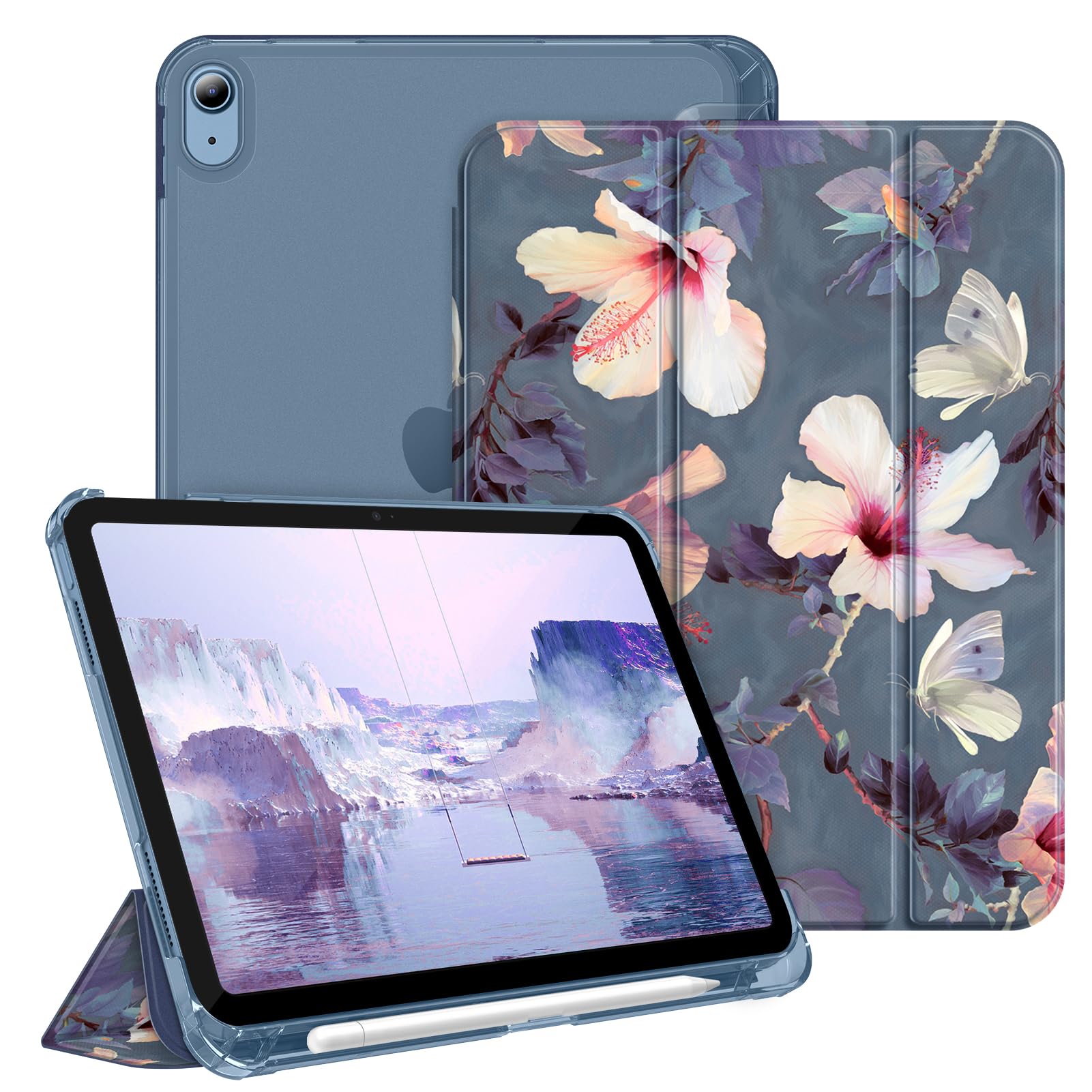FINTIE iPad 10th Generation 10.9" 2022 Case with Built-in Pencil Holder - Slim Lightweight Semi-Transparent Back Cover Case with Auto Wake Up/Sleep, Blooming Hibiscus