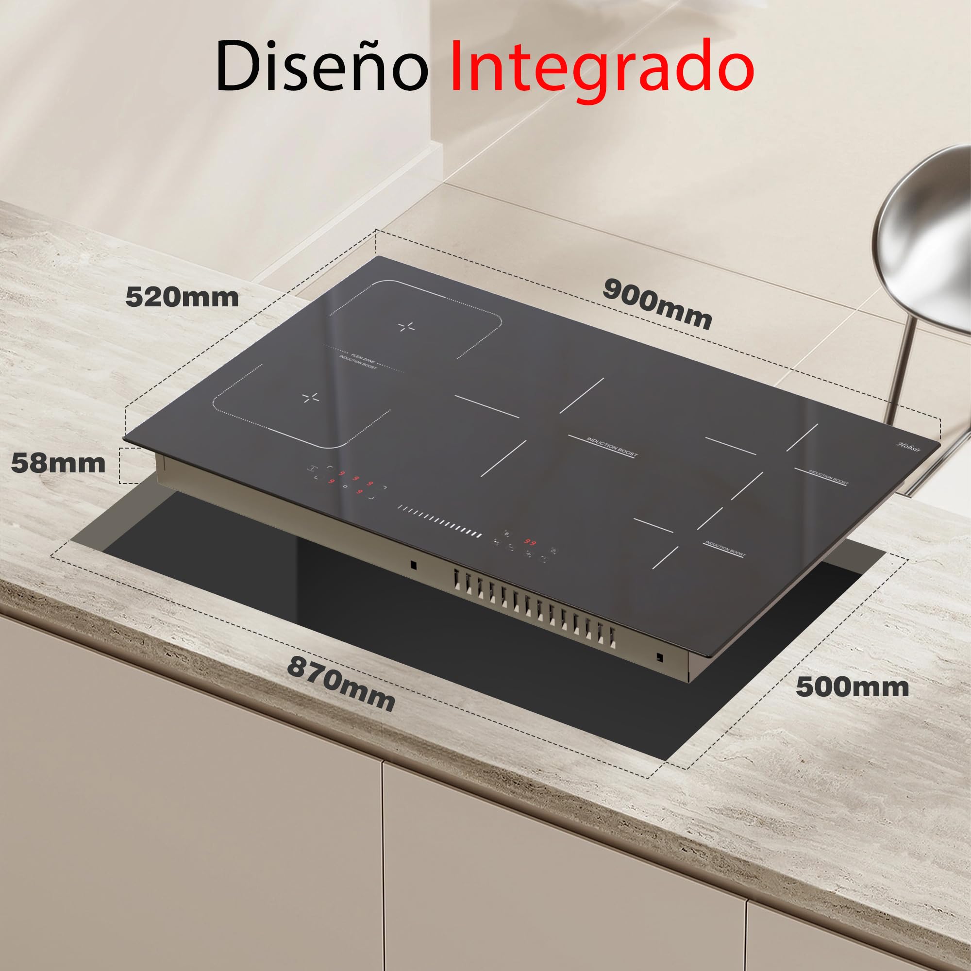 Placa Inducción 5 Zonas, Placa Inducción Integrada de 90cm Autosuficiente | Hobsir, 7200W, Zona Flexible Para Grill, Control Táctil Deslizante, Bloqueo de Seguridad, Función Boost, 240v, Sin Enchufe