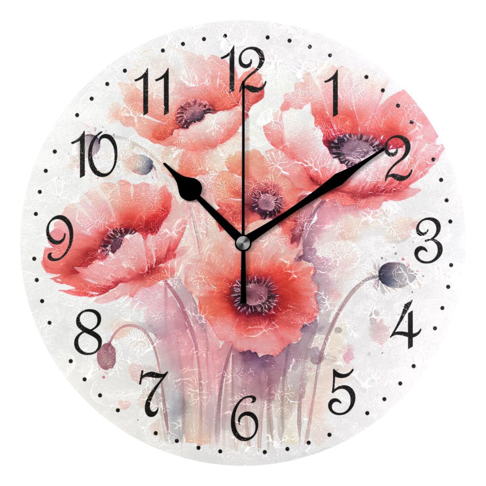 Mnsruu Wall Clock Watercolor Red Poppies Silent Non-Ticking Decorative Wall Clocks Battery Operated 25x25cm for Home Living Room Kitchen Bathroom Bedroom