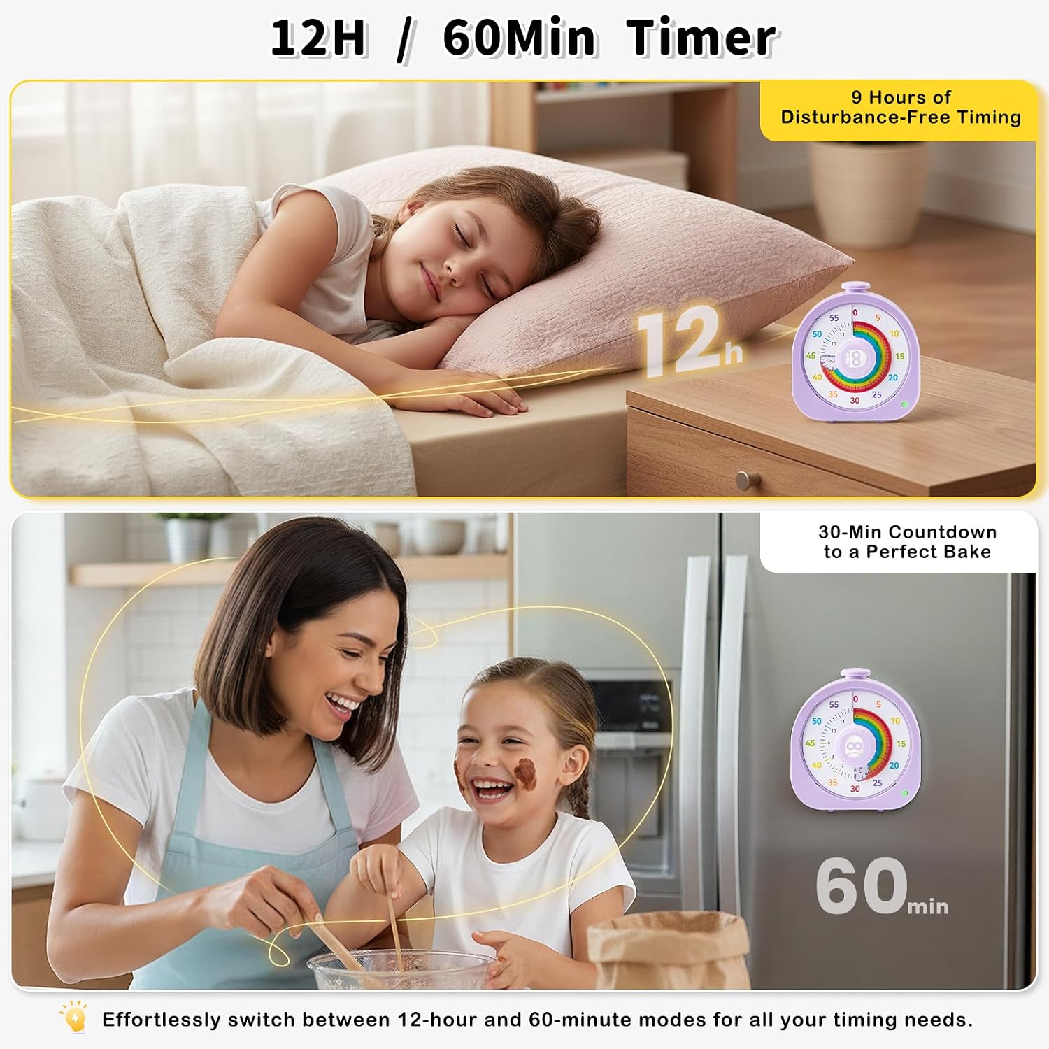 Visual Timer for Kids, Rechargeable Rainbow 60-Min/12-Hour Switchable Countdown Timer, Magnetic Timer with Pomodoro Mode, ADHD Time Management Tool for Classroom,Home with Silent Operation, Purple