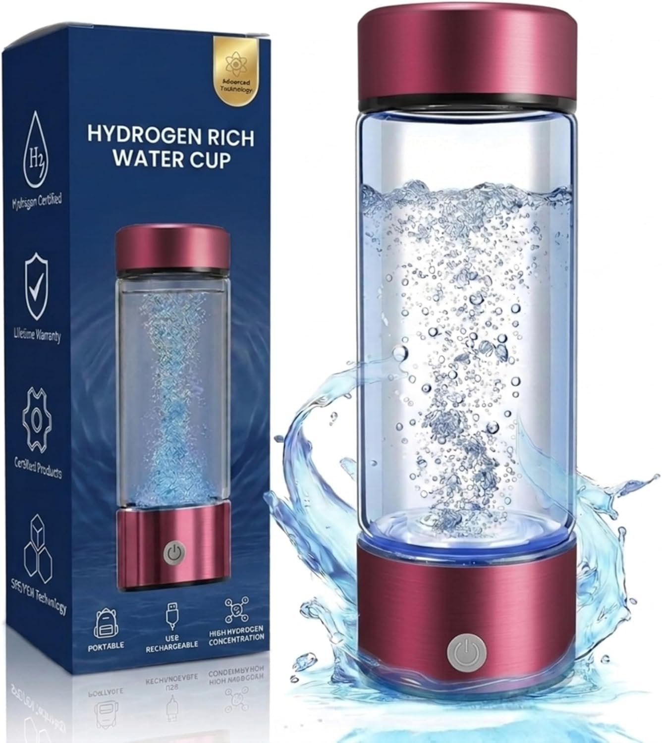Hydrogen Water Bottle, Portable & Rechargeable – Molecular Hydrogen Water Generator, Alkaline Ionizer, Hydrogenated Water Purifier for Health & Fitness with Hydrogen-Rich Water Silver