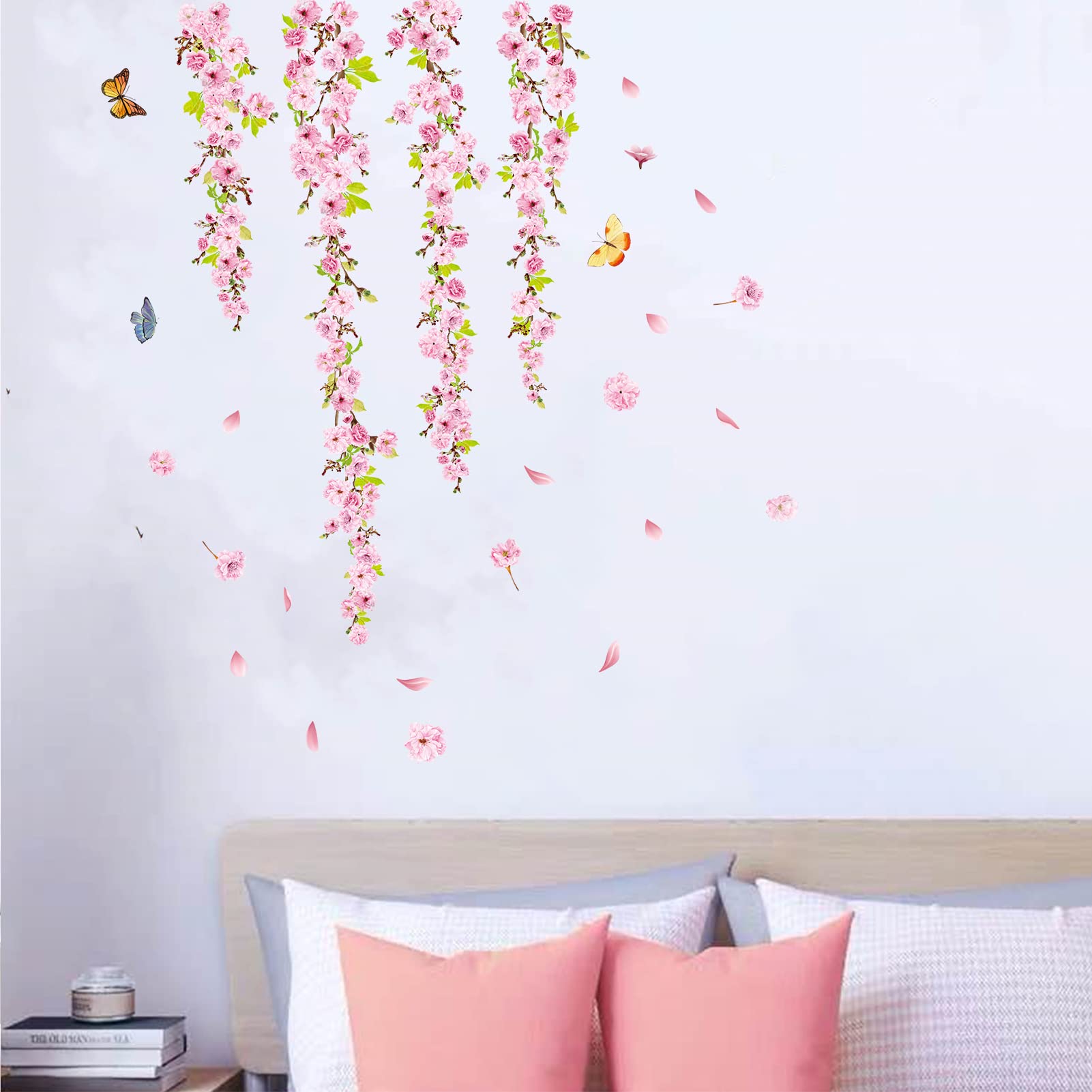 AnFigure Pink Blossom Flower Wall Stickers Hanging Vine Wall Decals Bedroom Living Room Nature Plant Floral Wall Sticker Sofa TV Background Home Wall Decor - Image 2