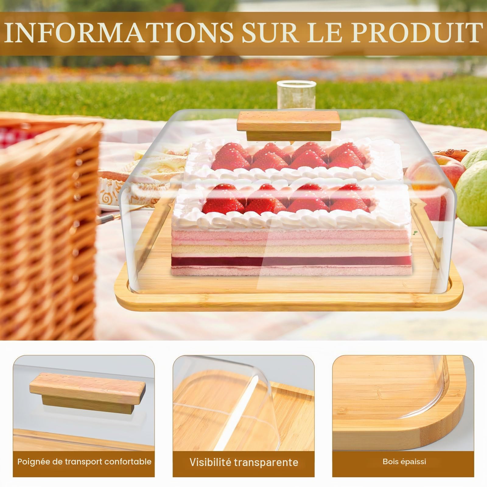 Présentoir à Gâteau, 36x27x12cm (LxlxH) Cloche Gateau en Bambou avec Transparent Dôme en Acrylique, Presentoir Gateau pour Dessert, Pâtisserie, Gâteau, Fromage, Rectangulaire