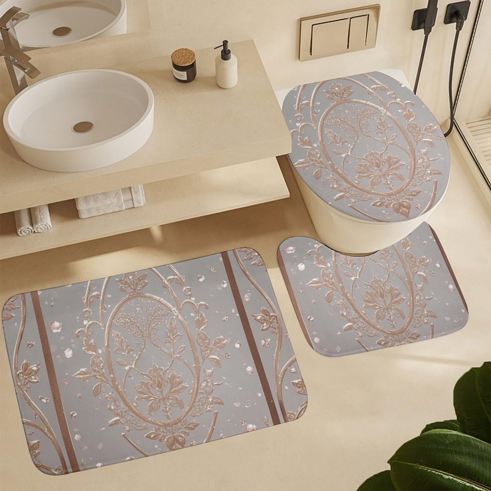 Tapis de bain trois pièces phosphorescent et antidérapant pour toilette en U