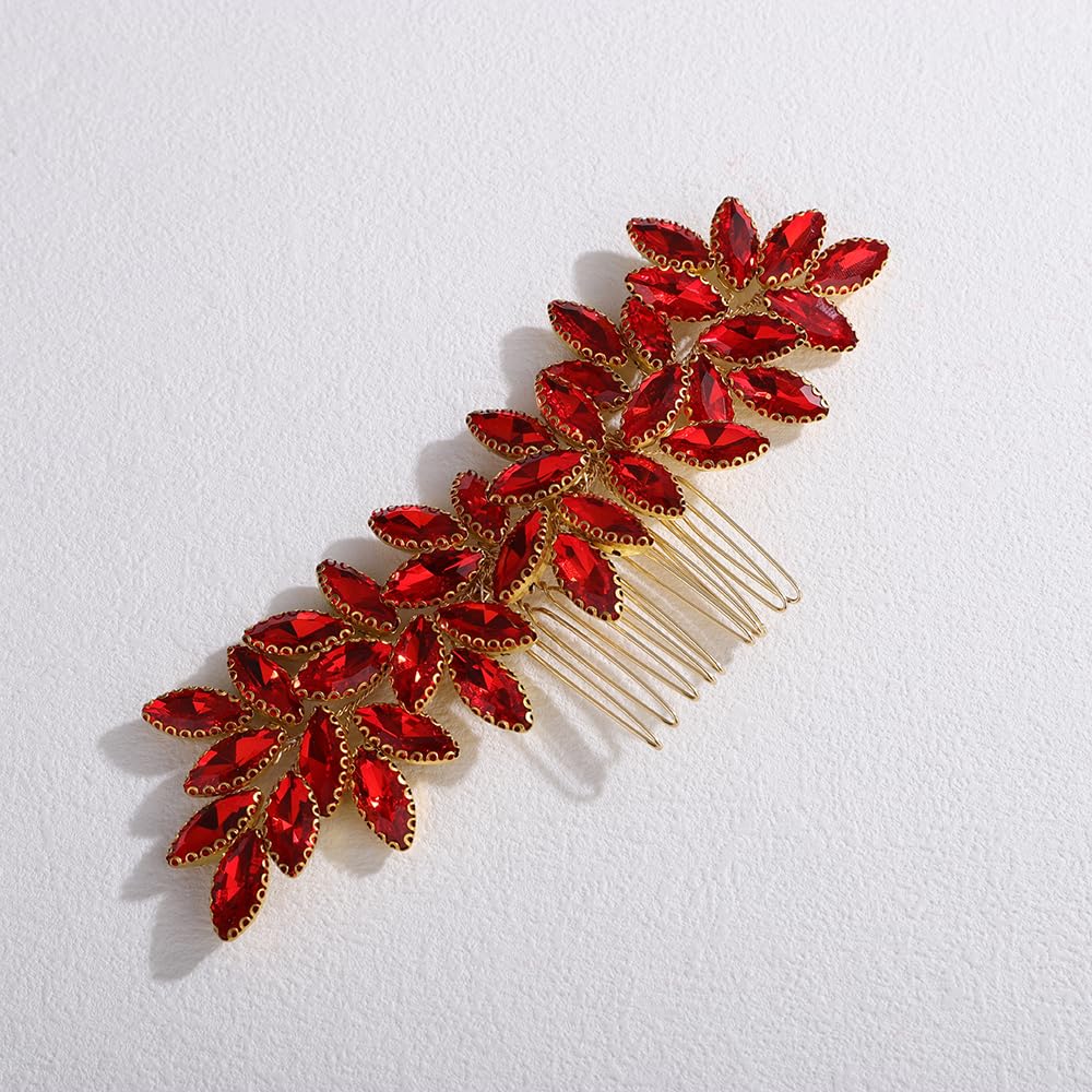 Handmade Red Crystal Beads Hair Comb for Wedding Brides Women Banquet Side Headpiece Handmade Jewelry (Red)