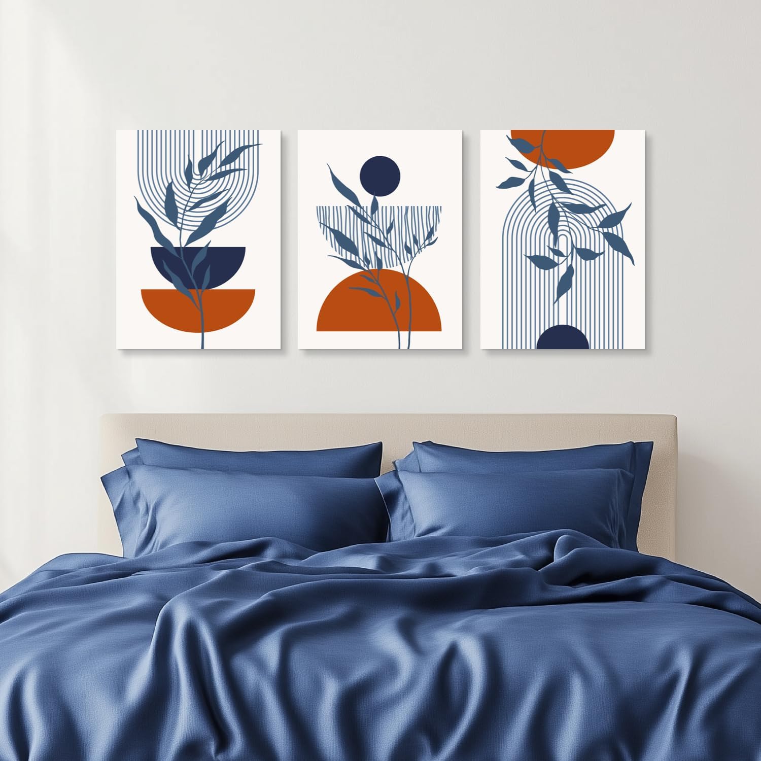 Blue Boho Wall Art Set of 3, Blue Wall Posters Prints, Minimalist Framed Wall Decor, Geometric Line Abstract Modern Neutral Beige Canvas Artwork Paintings for Bedroom Bathroom 12"x16"x3