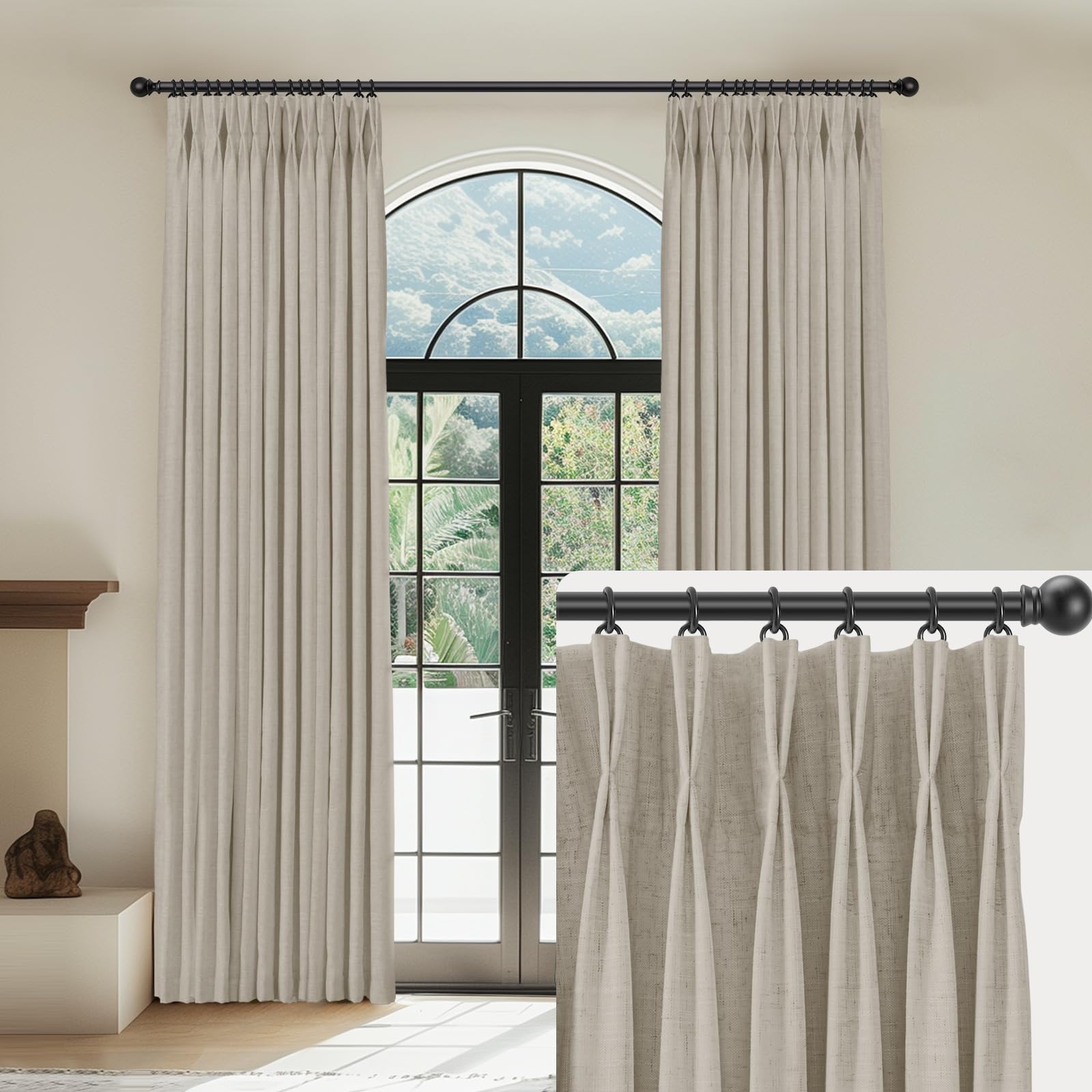 CAPALOCA Linen Pinch Pleated Curtains Blackout 100% Black Out Curtains 84 Inches Long 2 Panels with Hooks, Thermal Insulated Pinch Pleat Drapes for Bedroom, 40Wx84L, Dark Flax